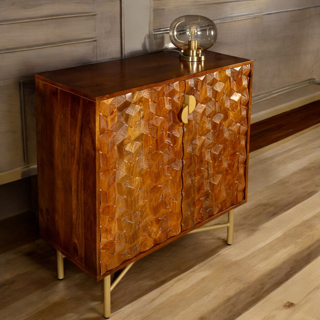 Wooden Gem Art Deco Solid Mango Wood Sideboard Cabinet with Golden Frame