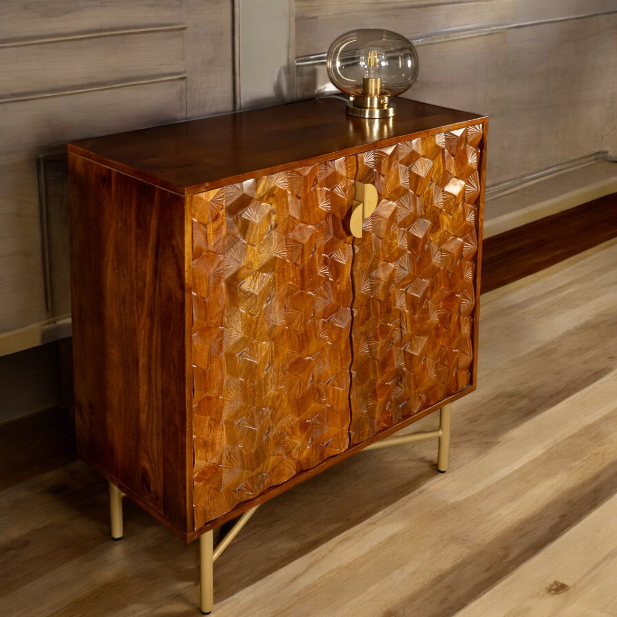 Wooden Gem Art Deco Solid Mango Wood Sideboard Cabinet with Golden Frame