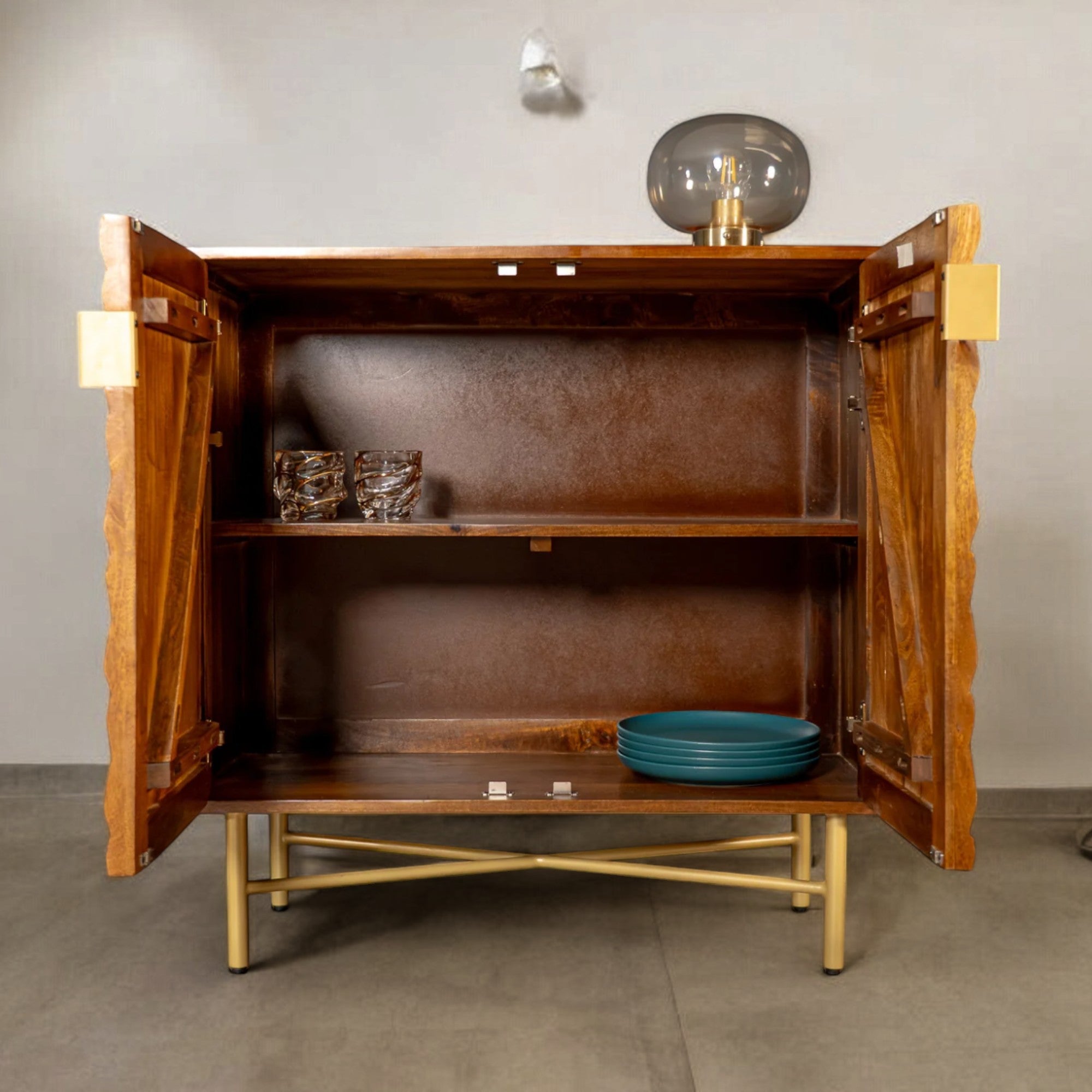 Wooden Gem Art Deco Solid Mango Wood Sideboard Cabinet with Golden Frame
