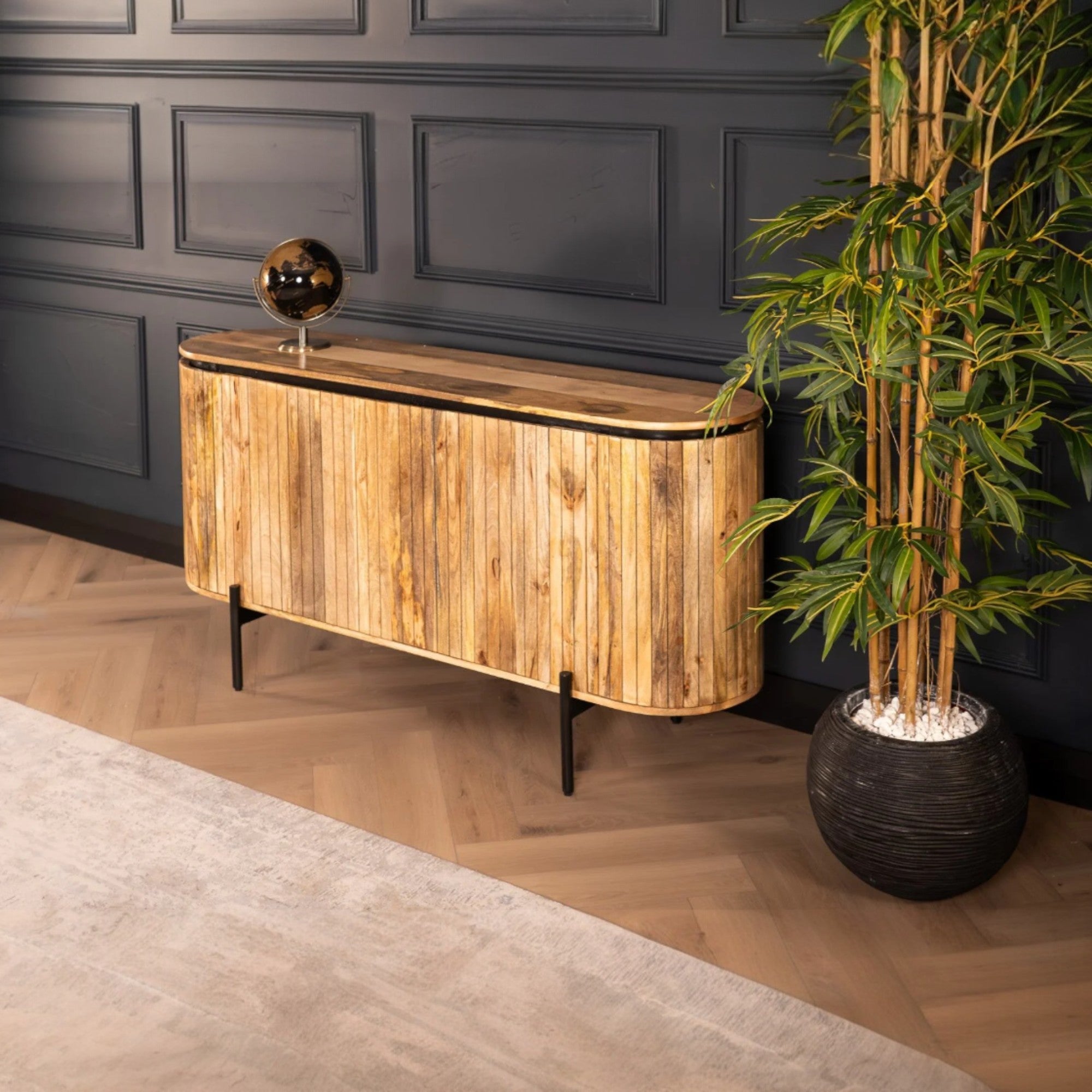 Flute Art Deco Design Solid Mango Wood 4 Doors Sideboard