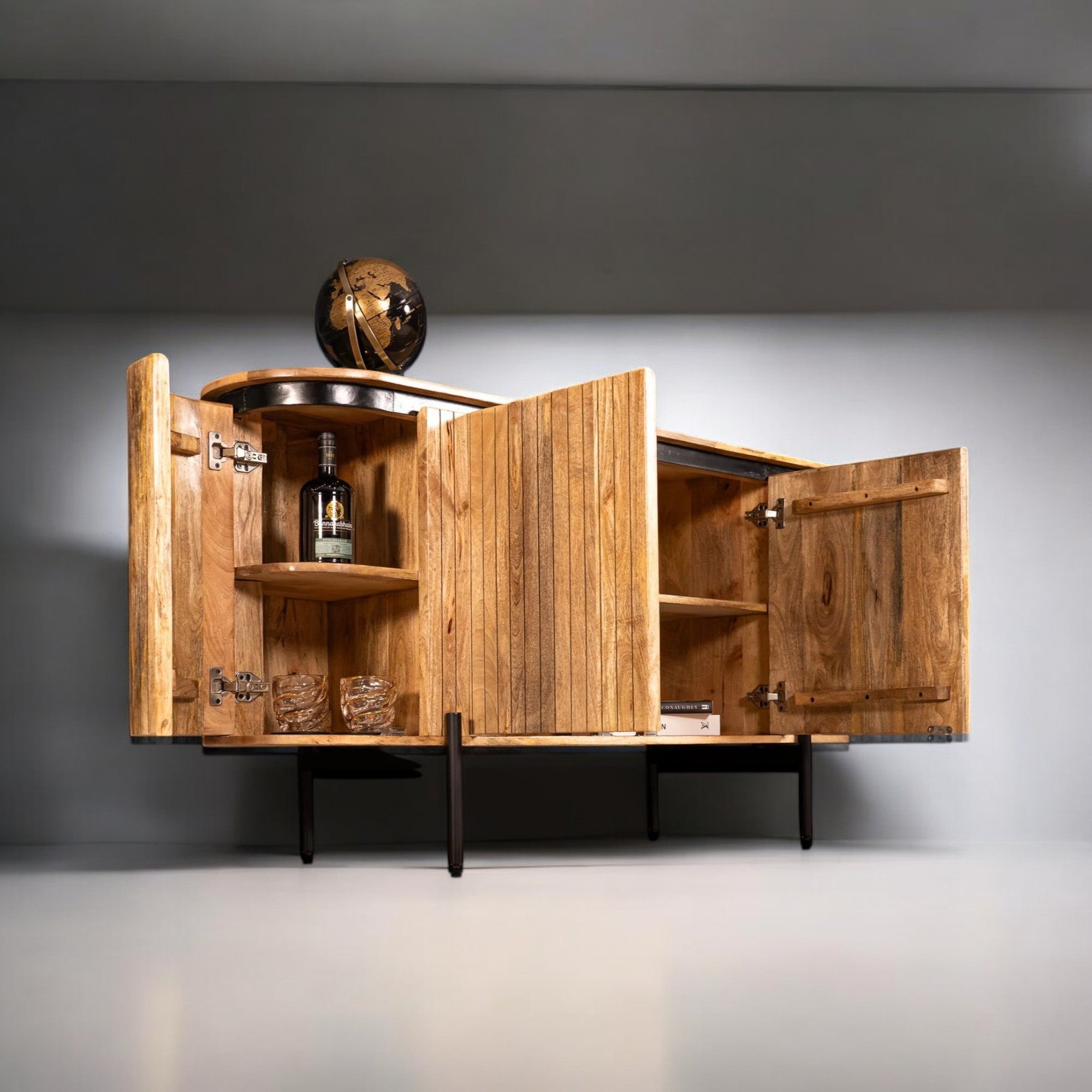 Flute Art Deco Design Solid Mango Wood 4 Doors Sideboard
