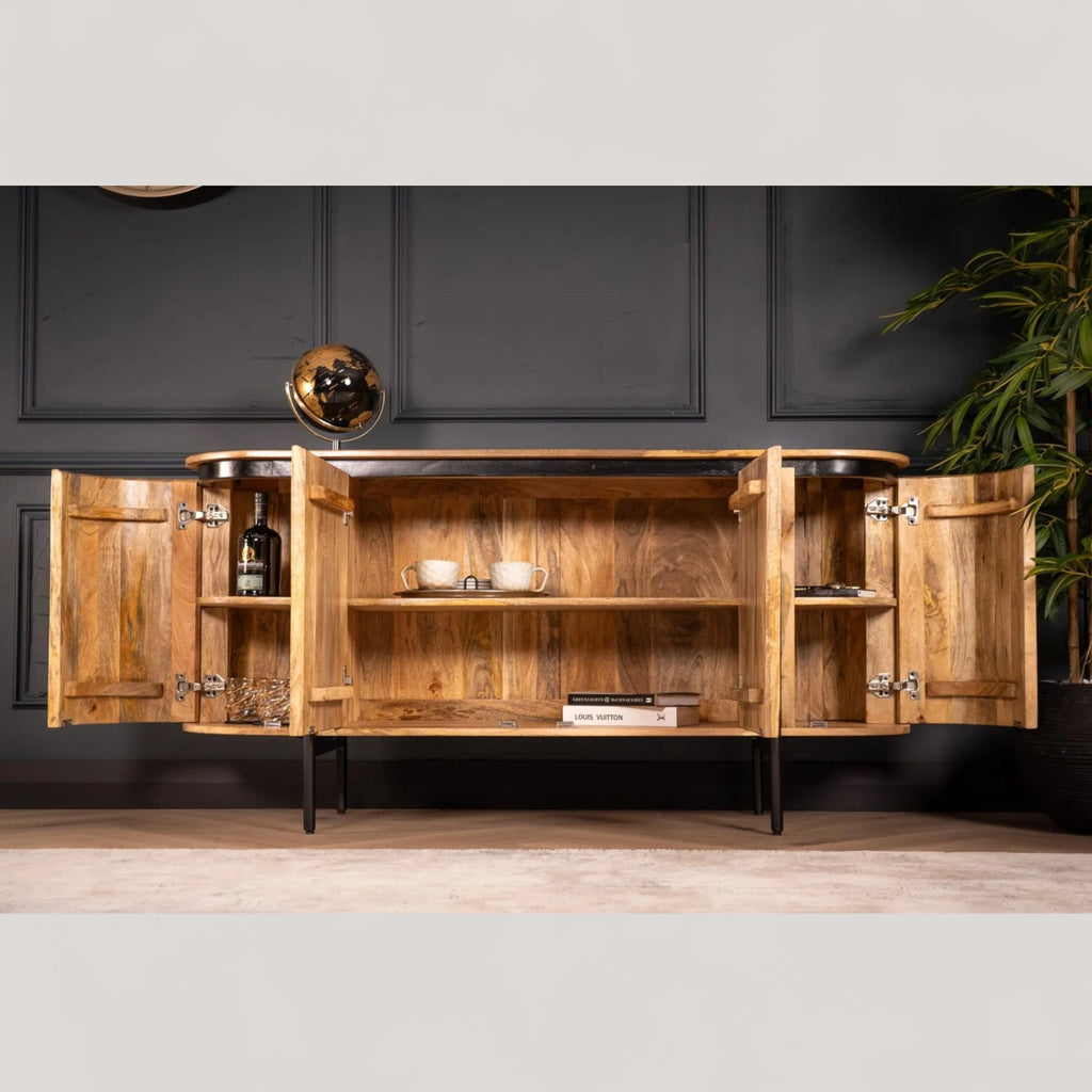 Flute Art Deco Design Solid Mango Wood 4 Doors Sideboard