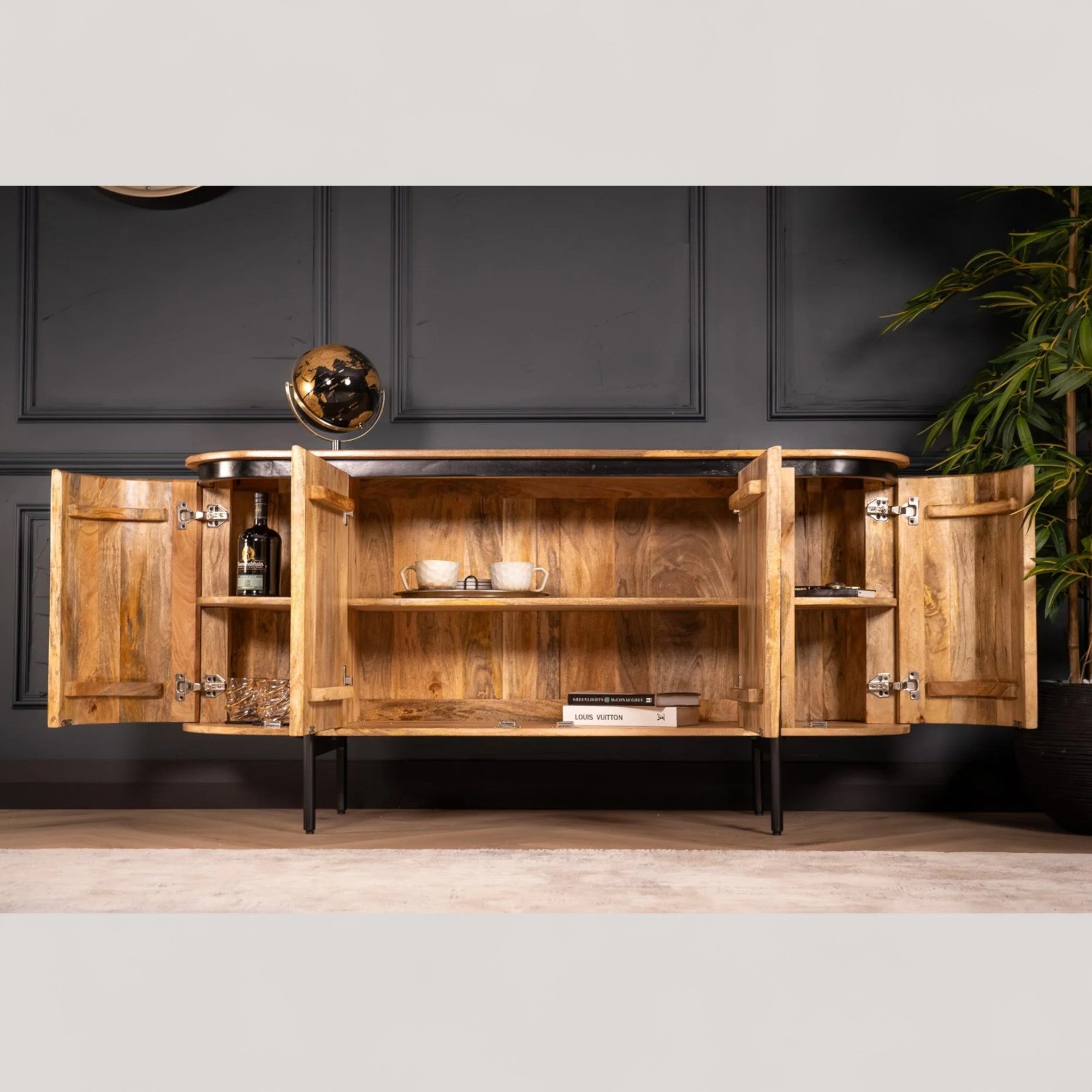 Flute Art Deco Design Solid Mango Wood 4 Doors Sideboard
