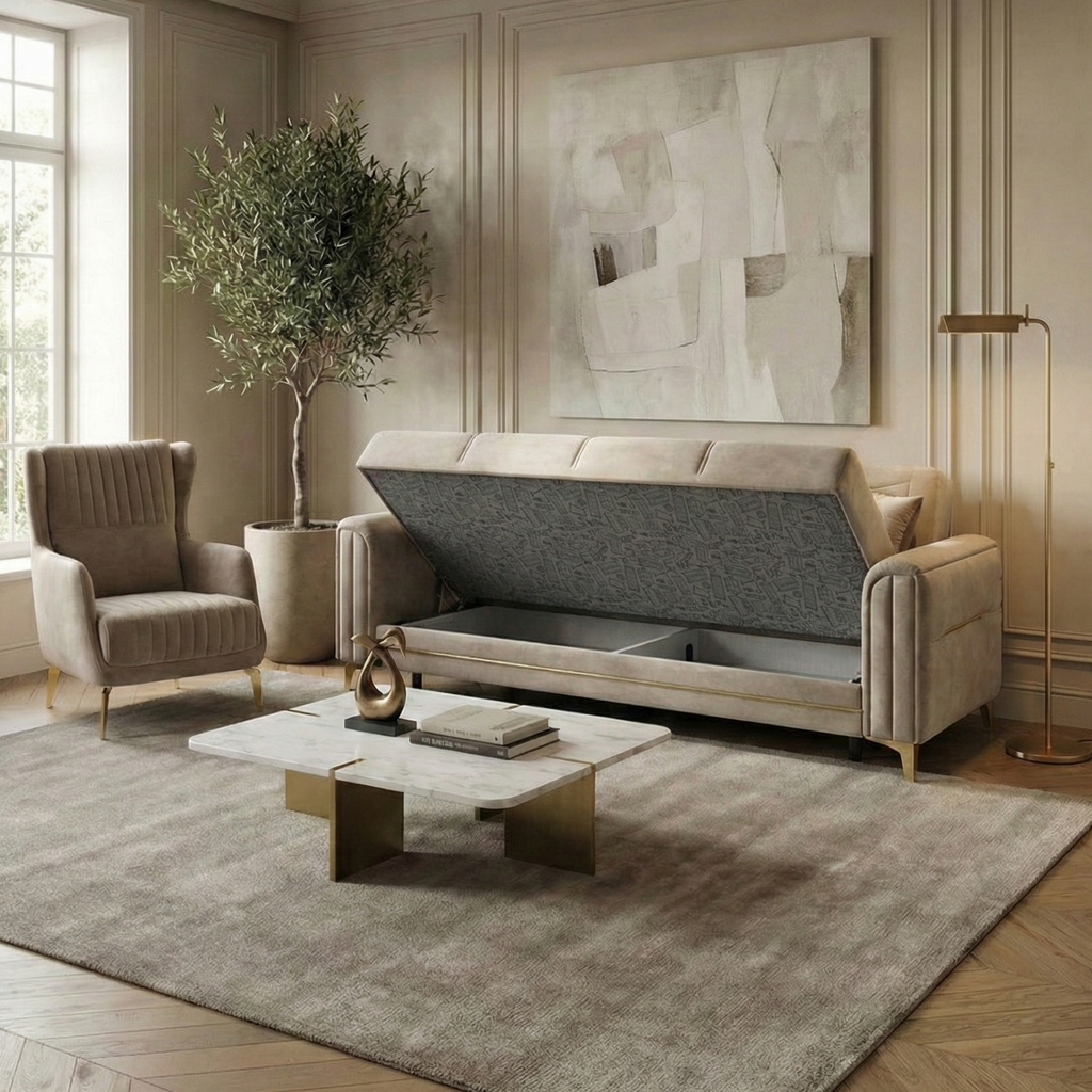 Ensemble Canapé 3+3+1 Convertible Coffre – Taupe ou Beige