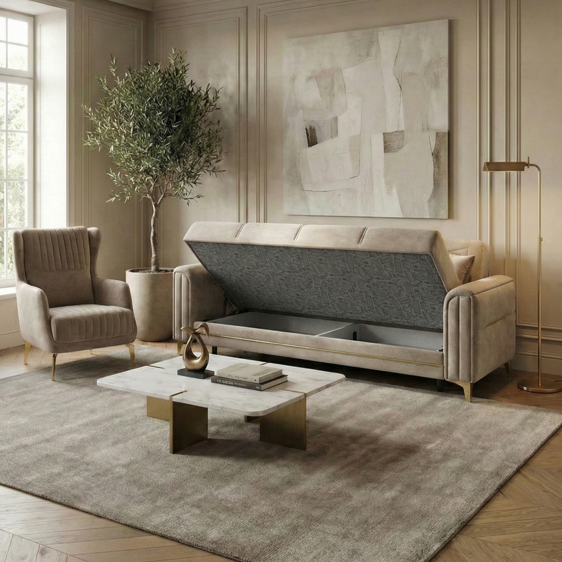 Ensemble Canapé 3+3+1 Convertible Coffre – Taupe ou Beige