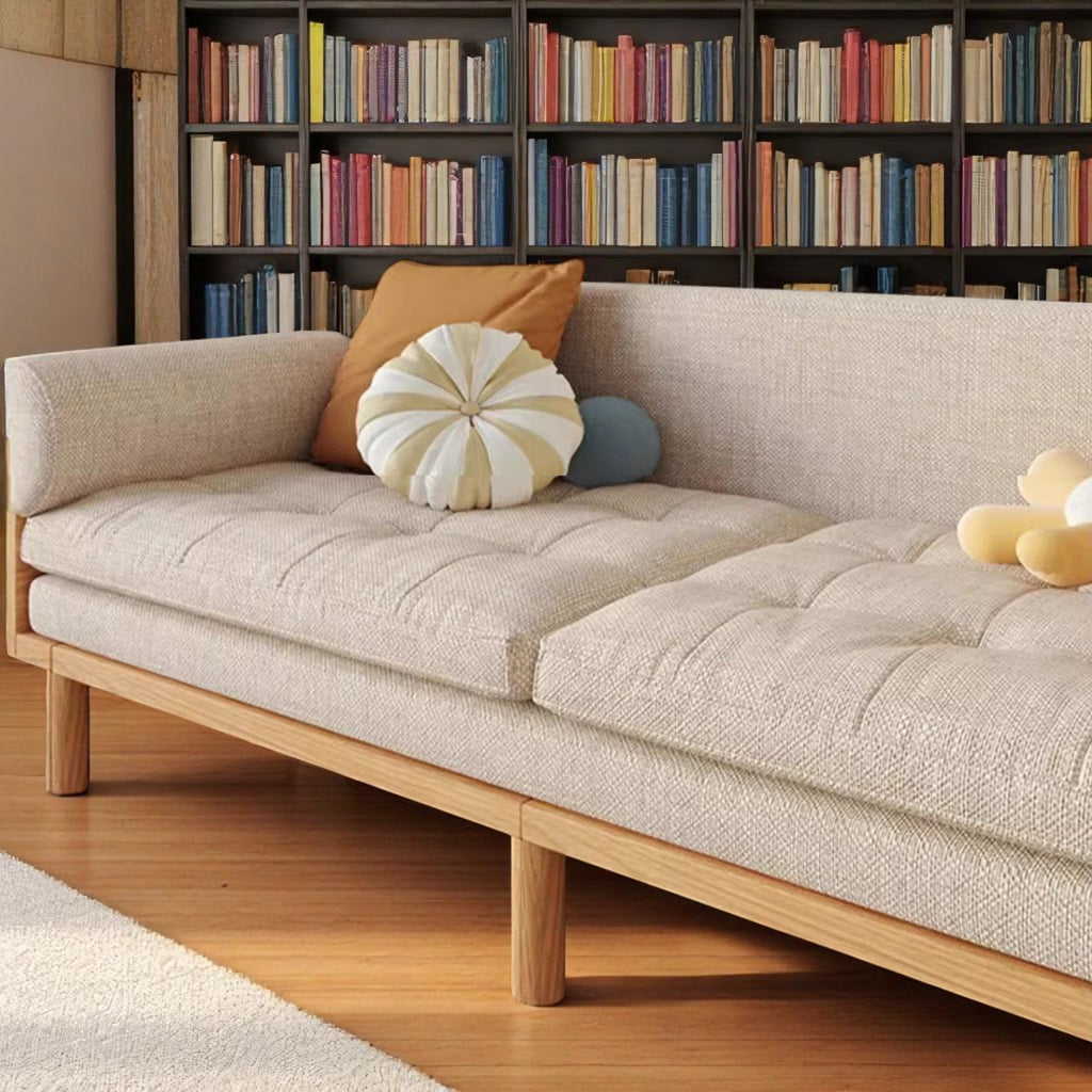 Japandi Solid Wood Recessed Arms Folding Sleeper Sofa Bed