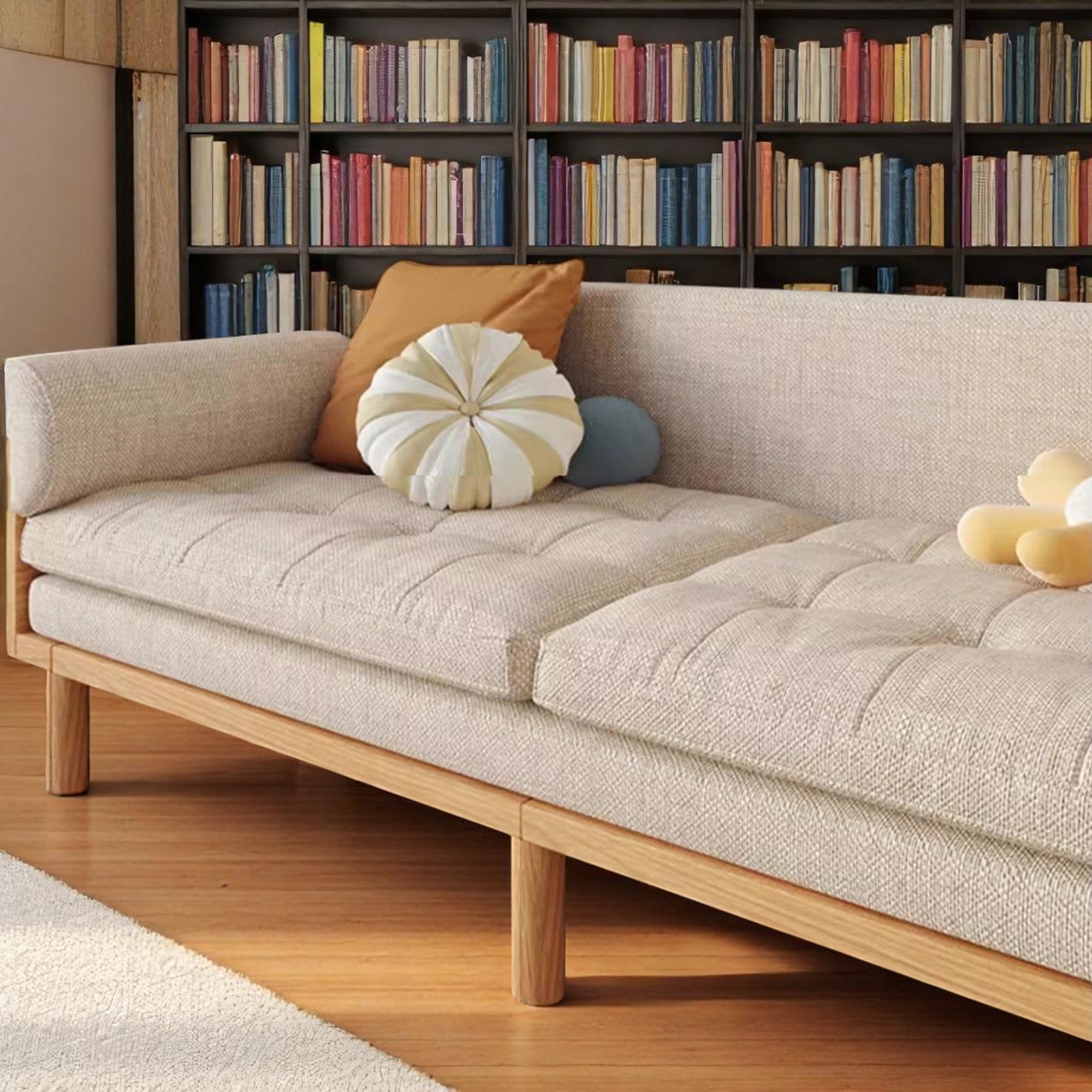 Japandi Solid Wood Recessed Arms Folding Sleeper Sofa Bed