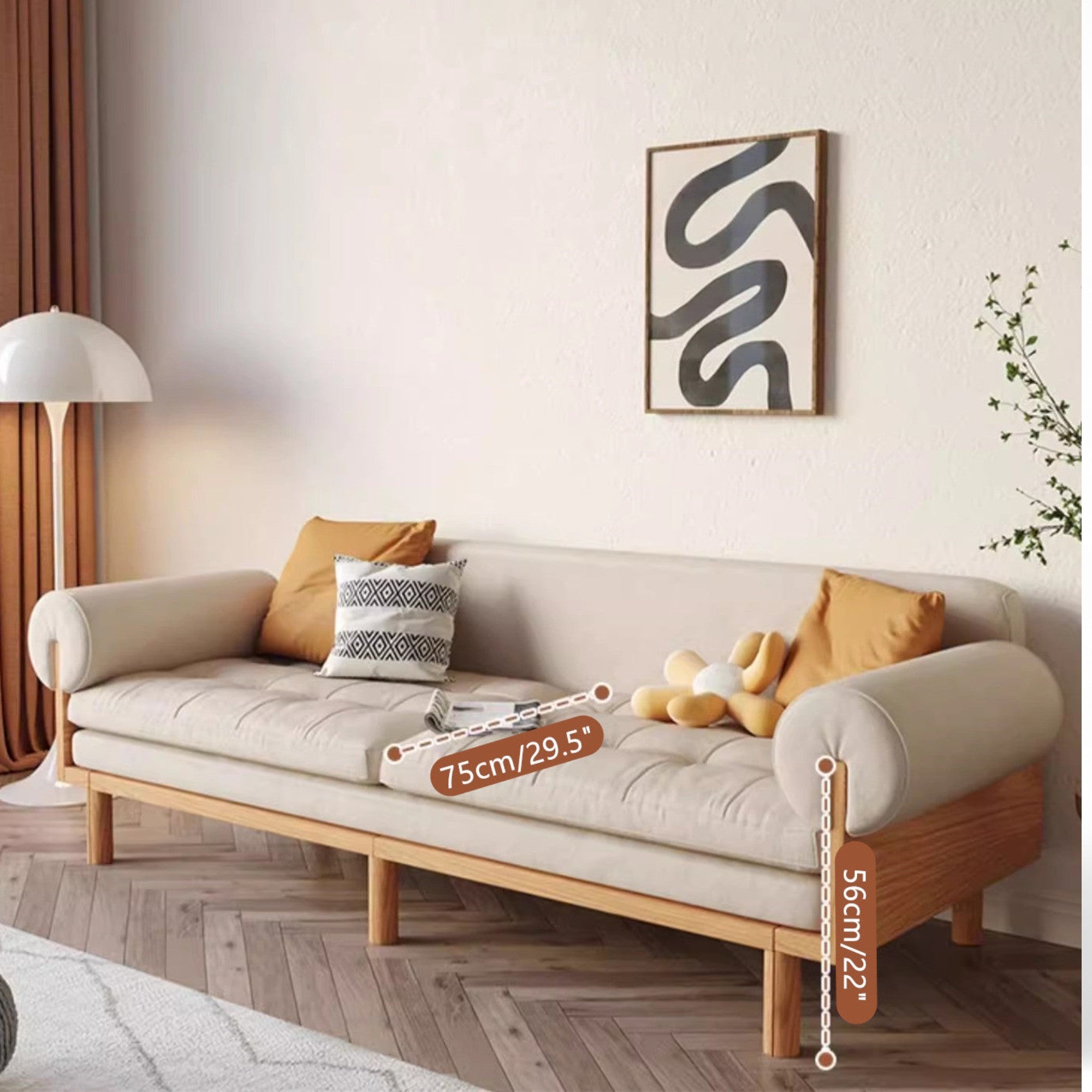 Japandi Solid Wood Recessed Arms Folding Sleeper Sofa Bed