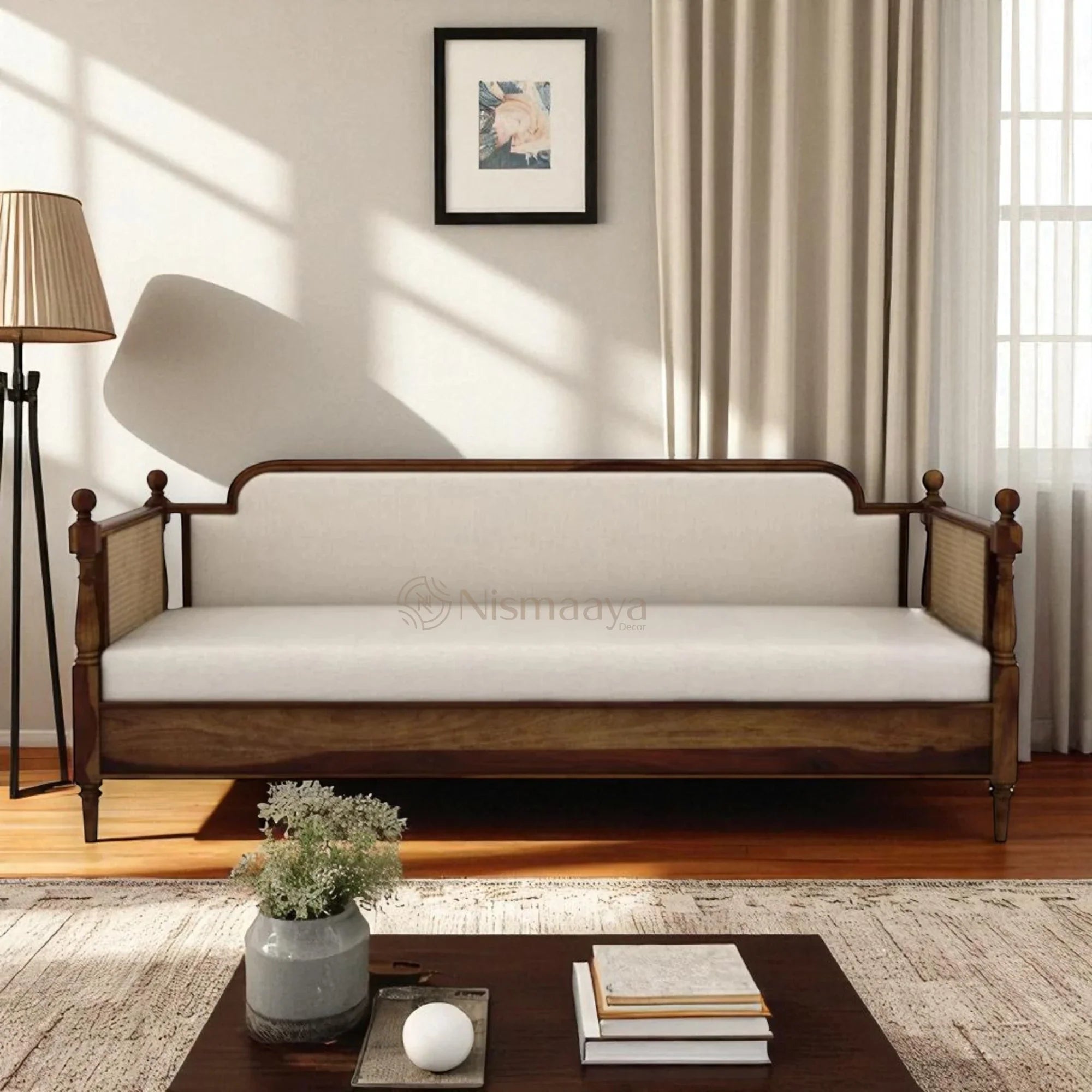 Nismaaya Dyuti Sheesham Wood and Cane Divan Bed with Ivory Mattress