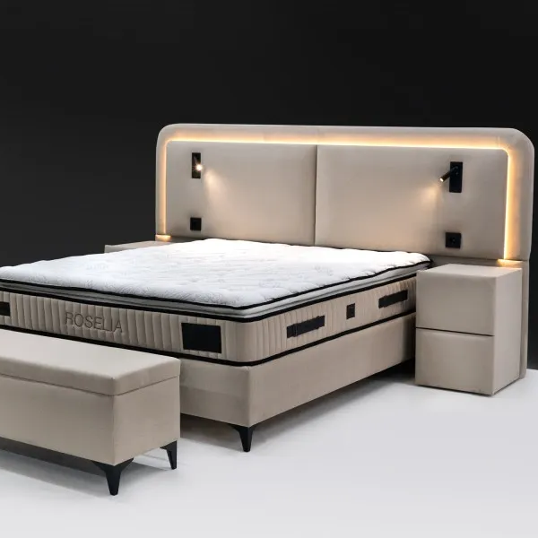 Lit Coffre Velours avec LED, Applique Murale et Prises USB