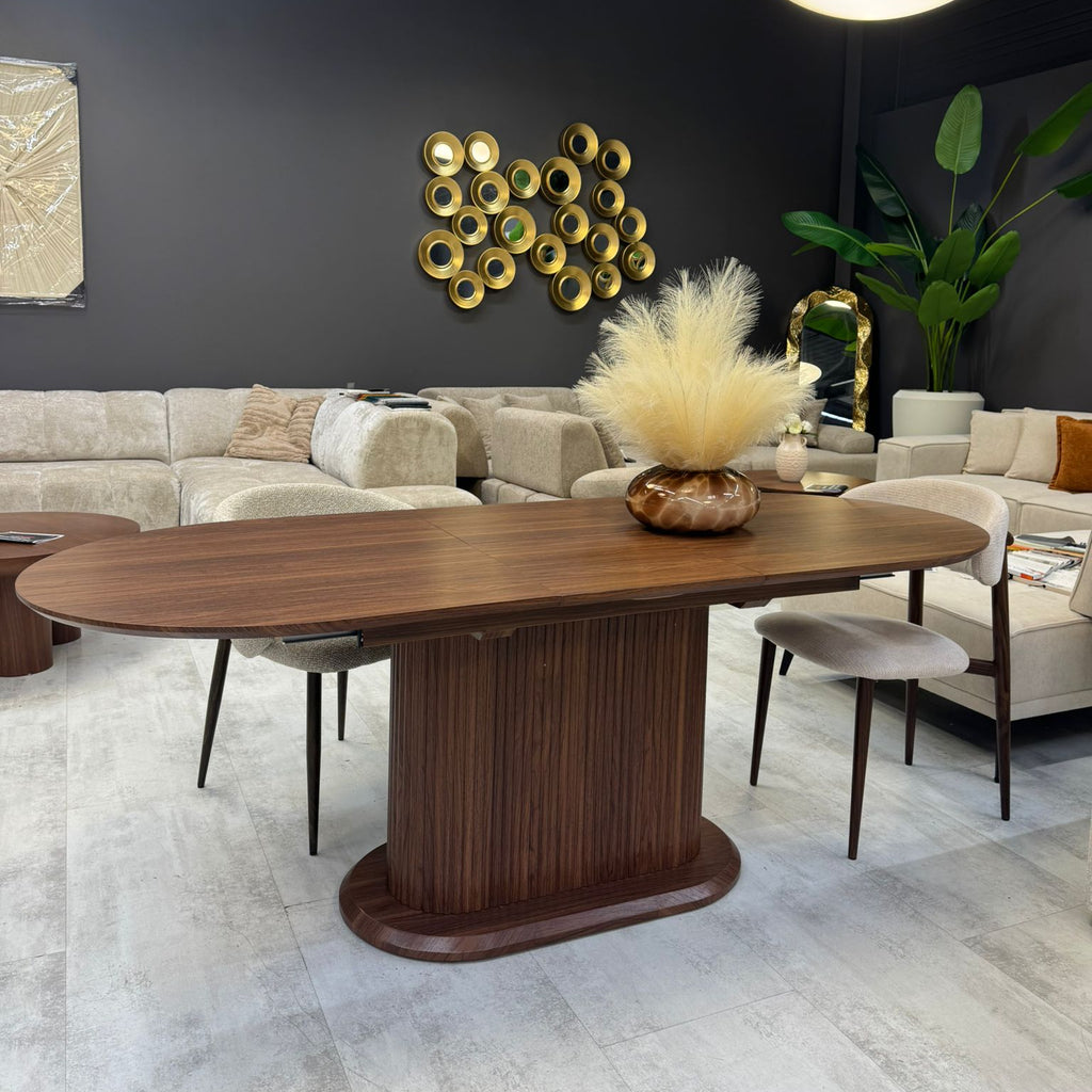 Table Extensible Effet Noyer 160-200 cm – Piètement Central Sculptural