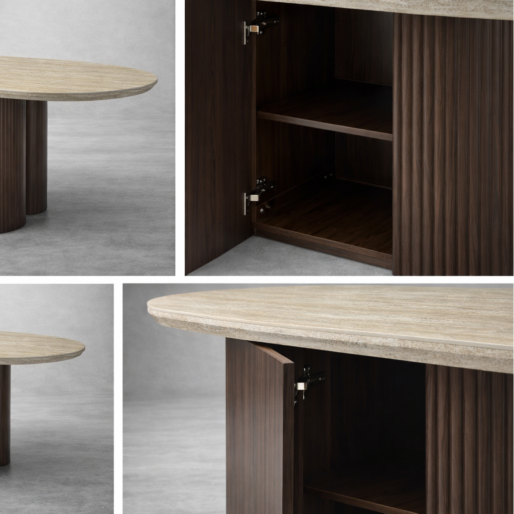 Table Ovale Céramique Effet Pierre 180 cm – Piètement Design Rangement