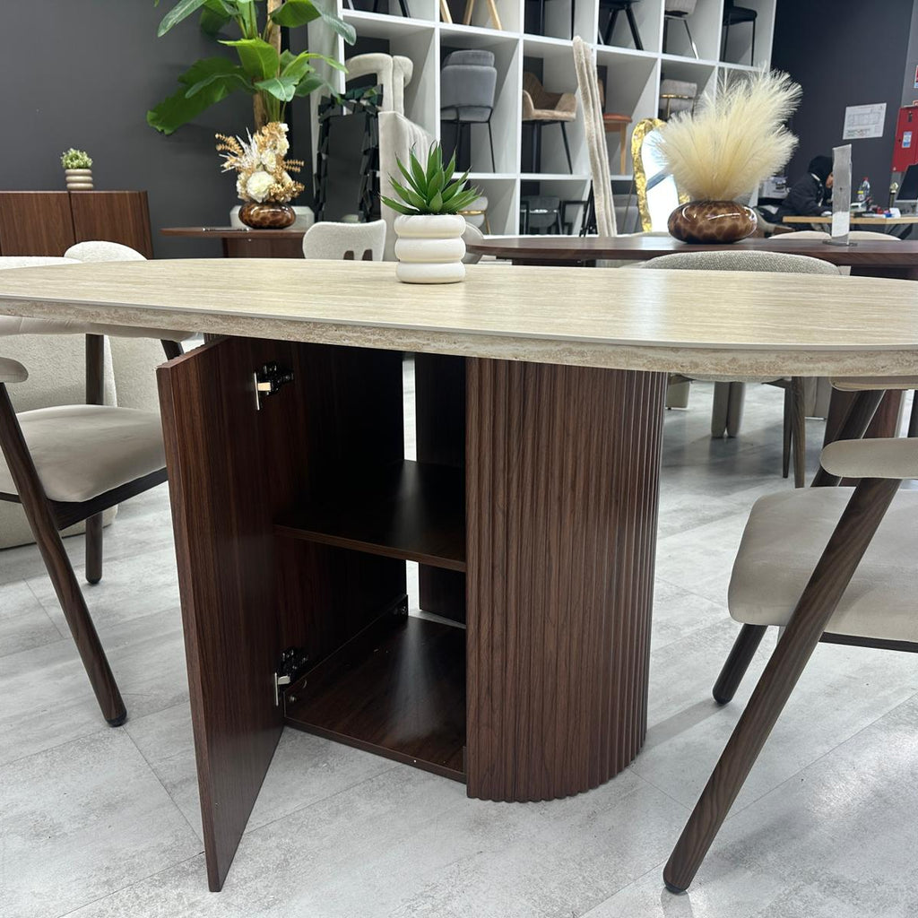 Table Ovale Céramique Effet Pierre 180 cm – Piètement Design Rangement