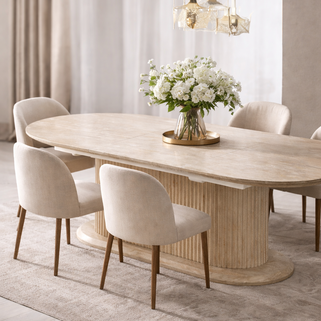Table Extensible Effet Travertin 160-200 cm – Céramique Anti-Rayures
