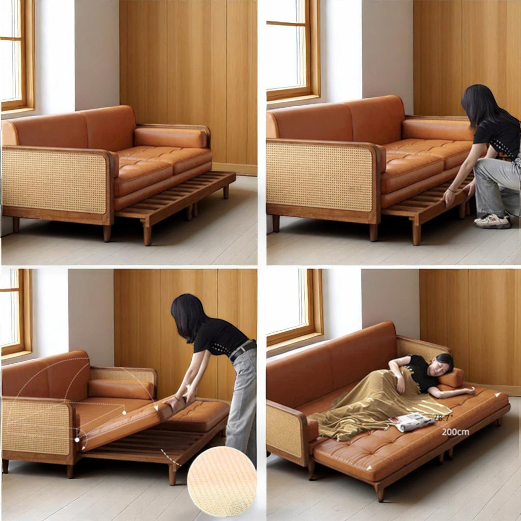 Nismaaya Leather & Rattan Weaving Wooden Frame Sofa Cum Bed