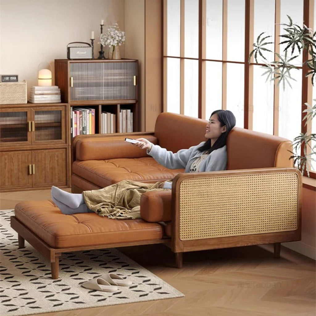 Nismaaya Leather & Rattan Weaving Wooden Frame Sofa Cum Bed