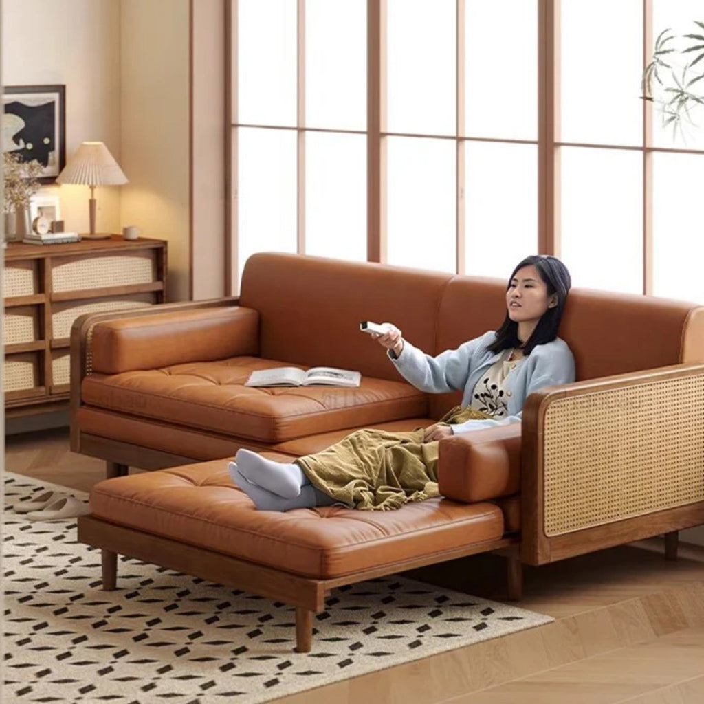 Nismaaya Leather & Rattan Weaving Wooden Frame Sofa Cum Bed