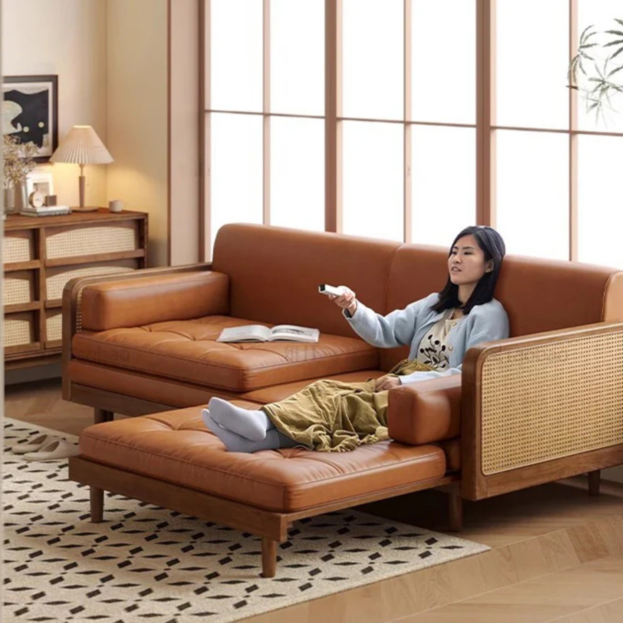 Nismaaya Leather & Rattan Weaving Wooden Frame Sofa Cum Bed