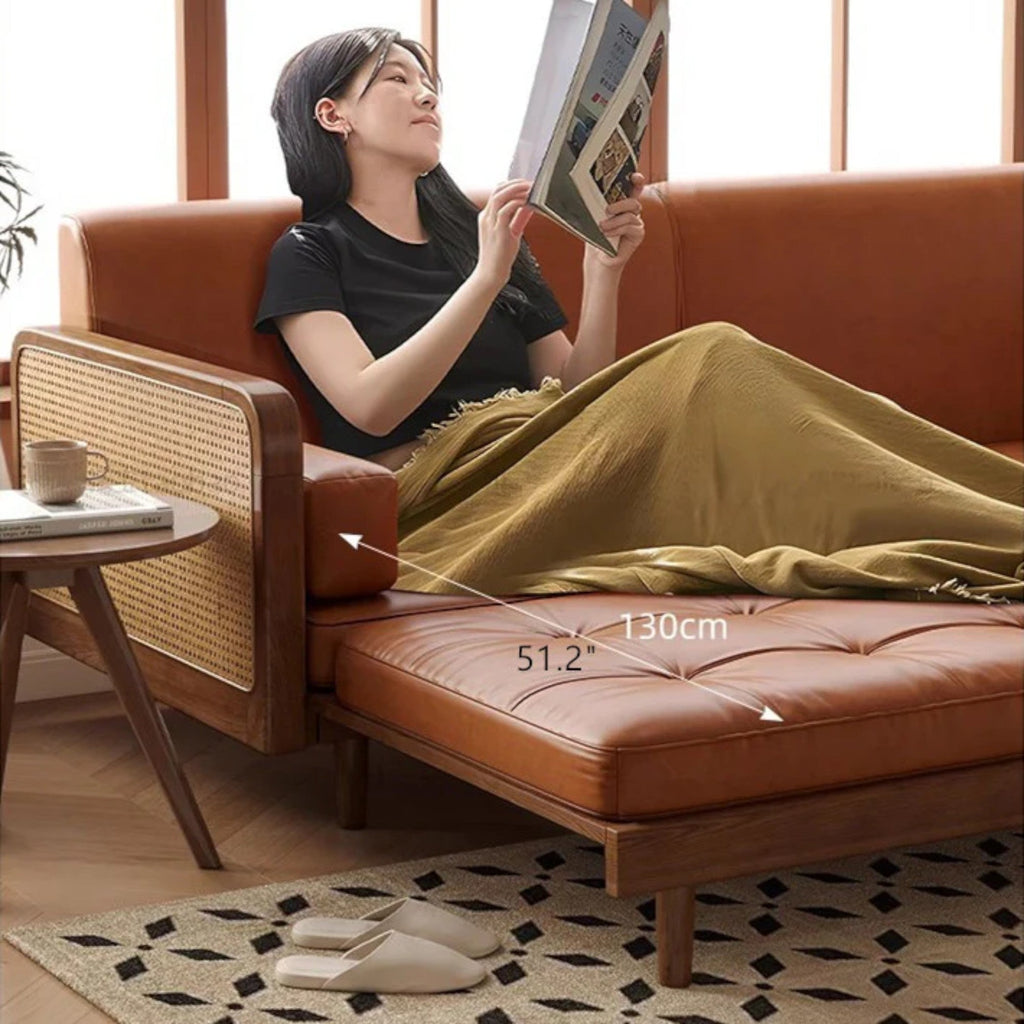 Nismaaya Leather & Rattan Weaving Wooden Frame Sofa Cum Bed