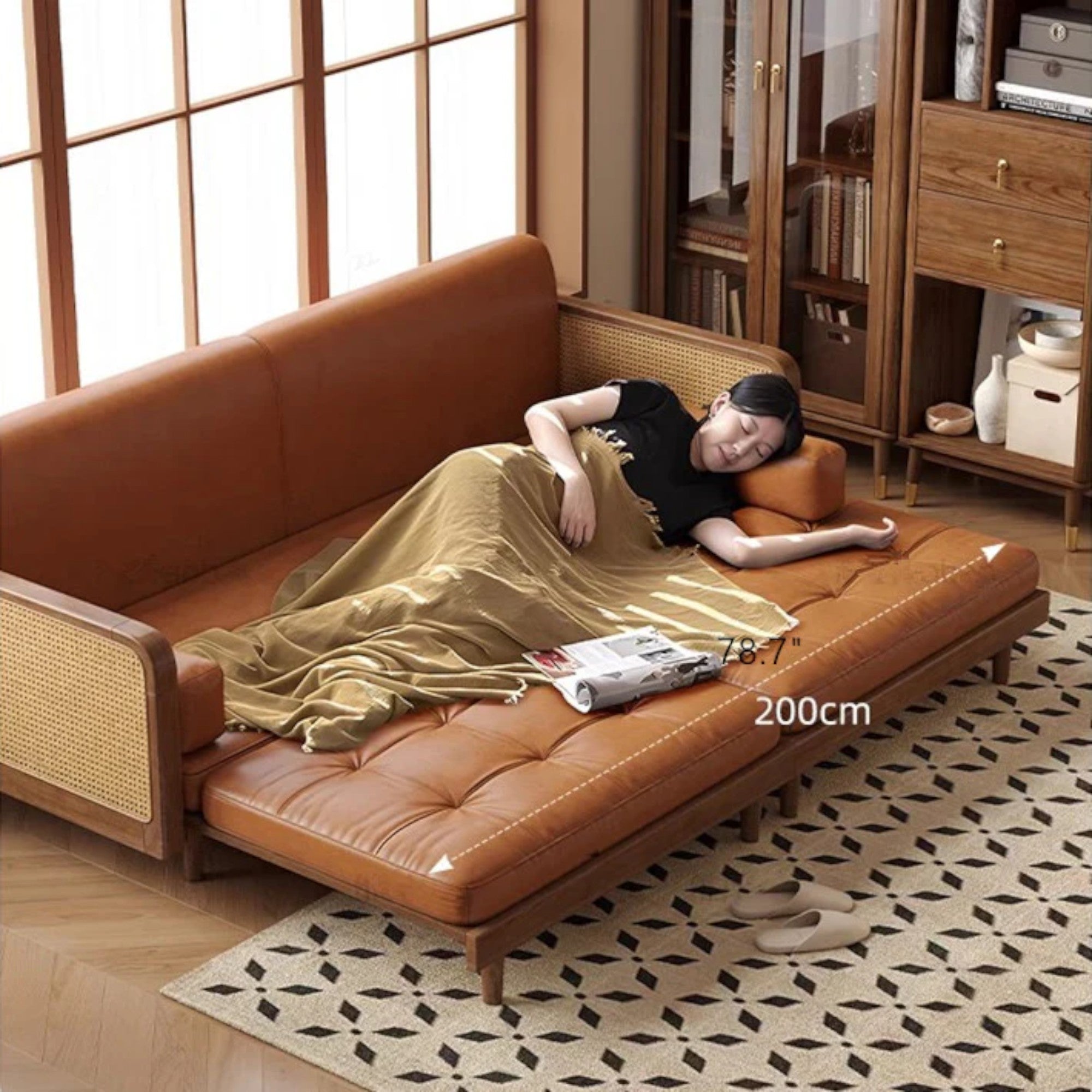 Nismaaya Leather & Rattan Weaving Wooden Frame Sofa Cum Bed