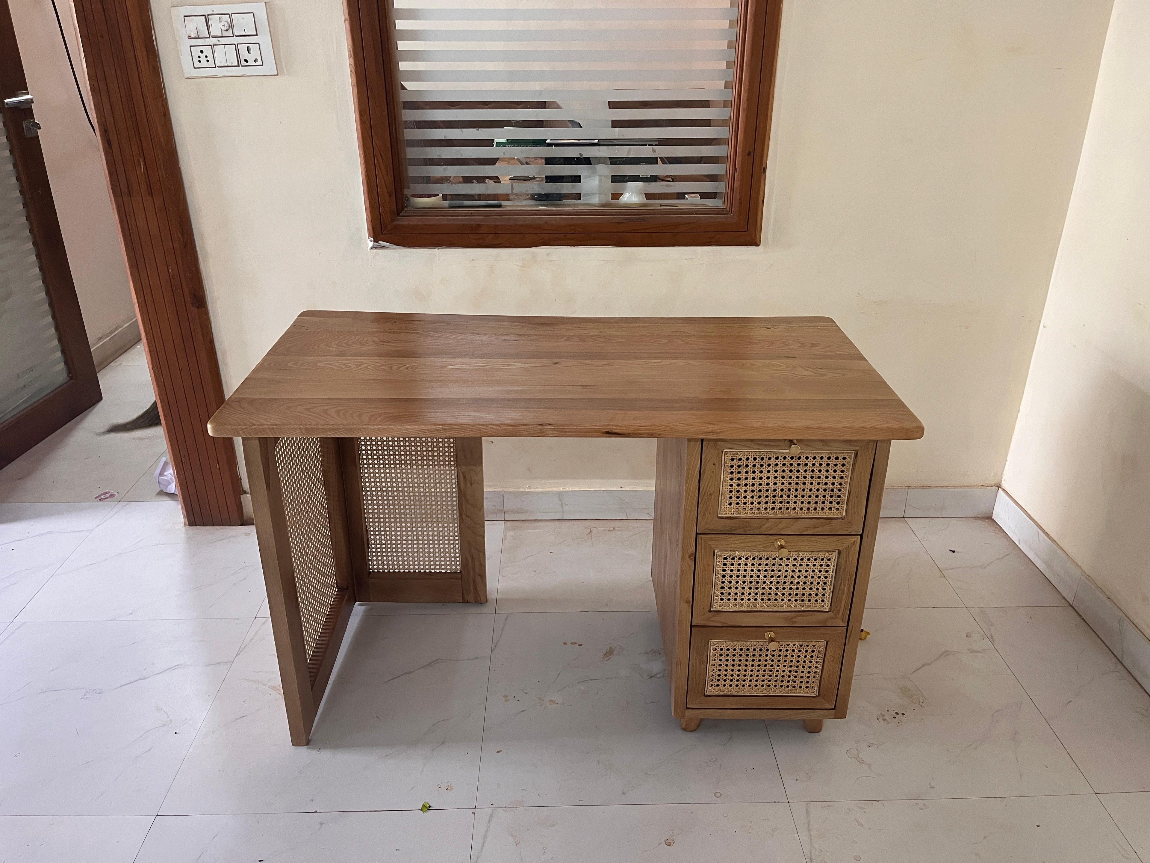 Ervin Solid Ash Wood & Rattan Office Desk