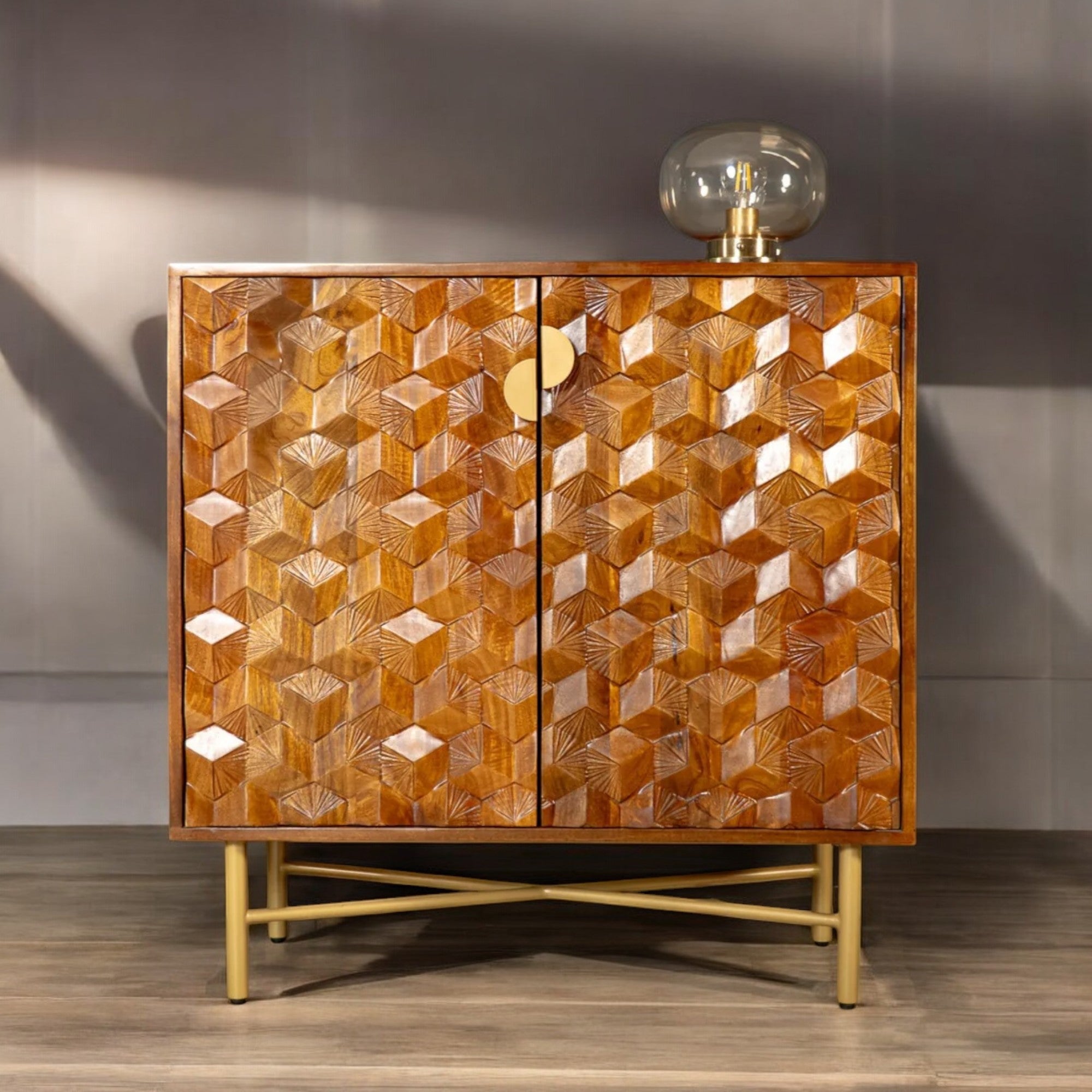 Wooden Gem Art Deco Solid Mango Wood Sideboard Cabinet with Golden Frame
