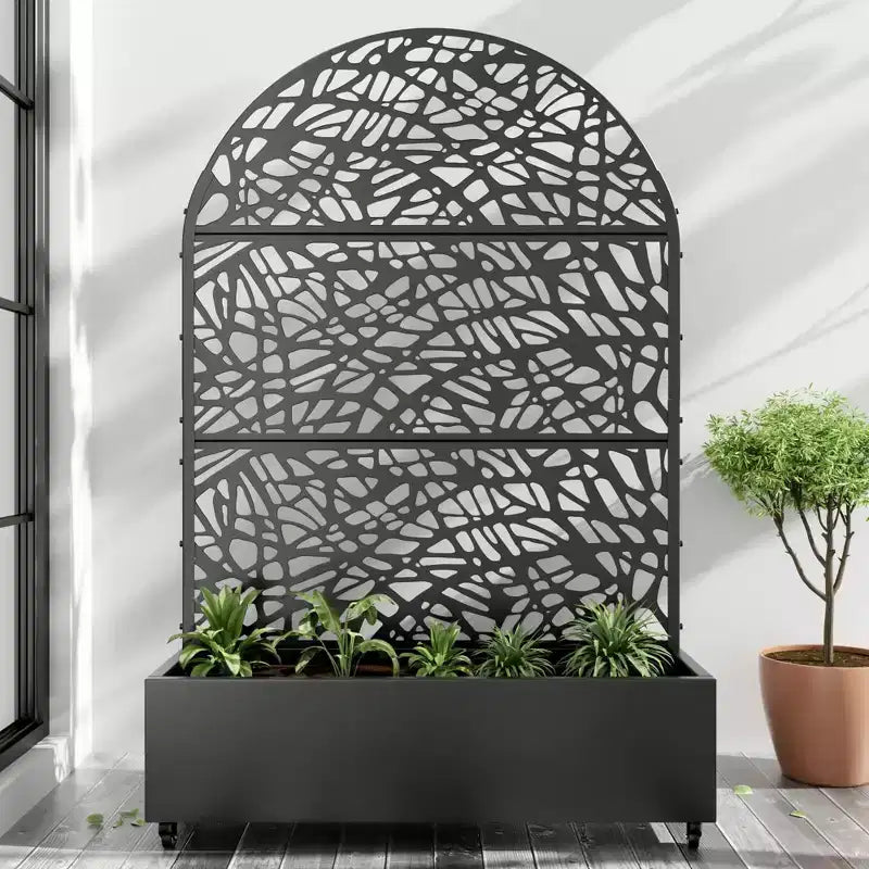 MAYEERTY 72x47 Black Arched Iron Planter Box with Trellis, 3 Piece Set Decorative Garden Screen for Patio and Balcony