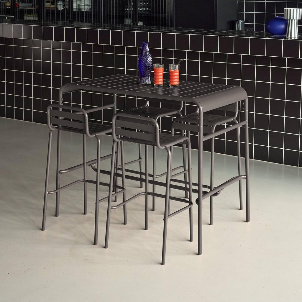 sweeek - Table Haute de Jardin Acier + 4 assises Amelia Anthracite. 4 chaises Hautes en Acier. 120 x 70cm x 95cm