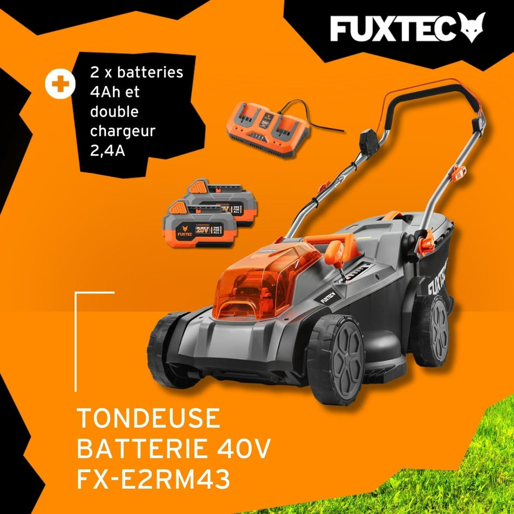 FUXTEC Tondeuse à Gazon sans Fil 40V (2x20V) E2RM43 Set Batteries et Chargeur - Largeur De Coupe 43cm, 40L, Hauteur De Coupe Variable, Tondeuse à Gazon Batterie, sans Fil