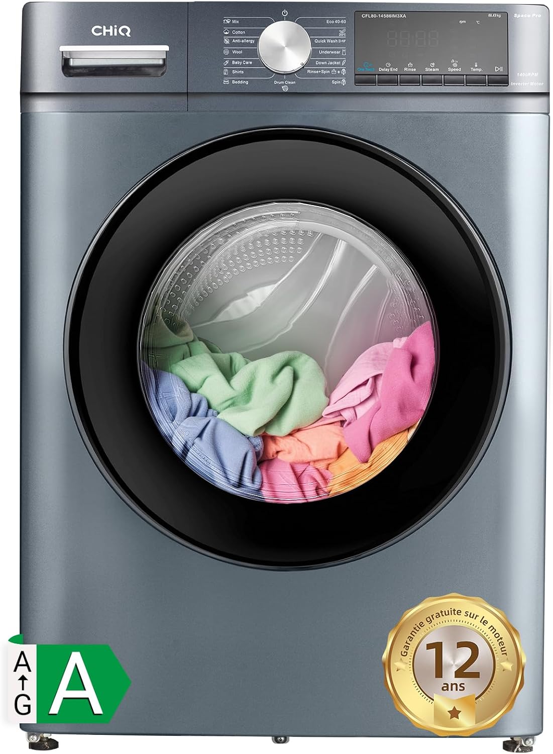 Lave-linge CFL80-14586IM3XA, Chargement frontal 8 kg,Space Pro,Moteur Inverter stable, 1400 tr/min, Programme intelligent à IA, Fonction vapeur, Lavage rapide 15 minutes, 15 cycles lavage, Gris