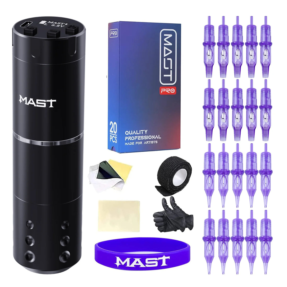 Kit de Máquina de Tatuaje Inalámbrica Mast A1 con 20 Agujas de Cartucho