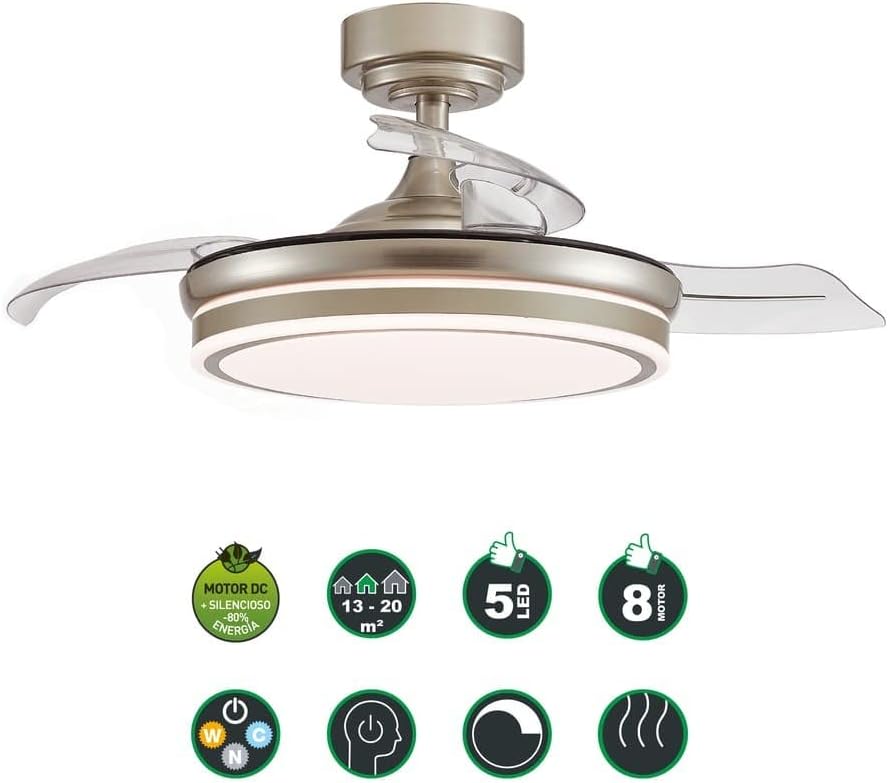 wonderlamp – Ventilador de Techo con Luz LED Pearl Mini, Aspas Retráctiles, Motor DC Muy Silencioso, 3 Temperaturas de Color Regulables, 46W, Blanco