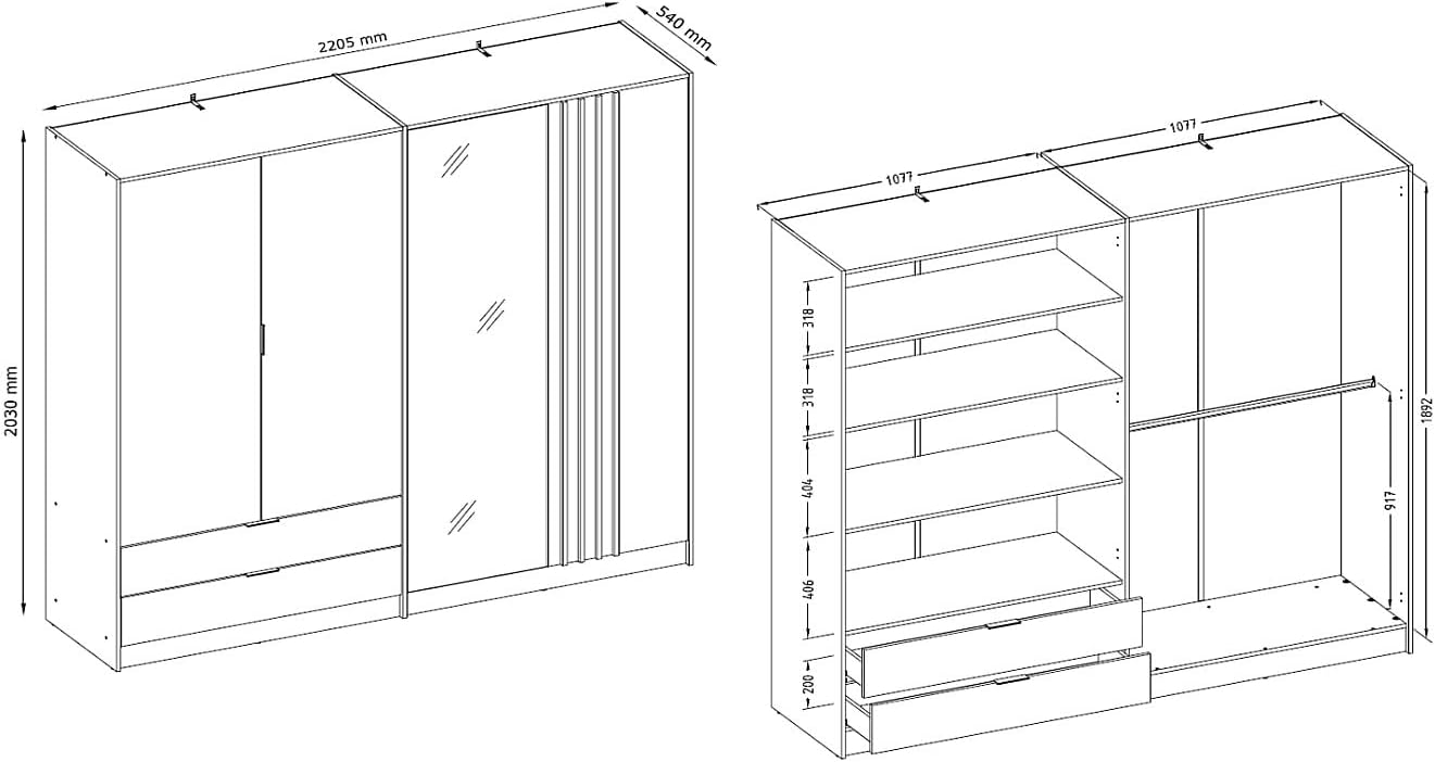 Vente-unique - Armoire 4 Portes et 2 tiroirs - avec Miroir - L220 cm - Coloris : Noir et Naturel - TUNALO