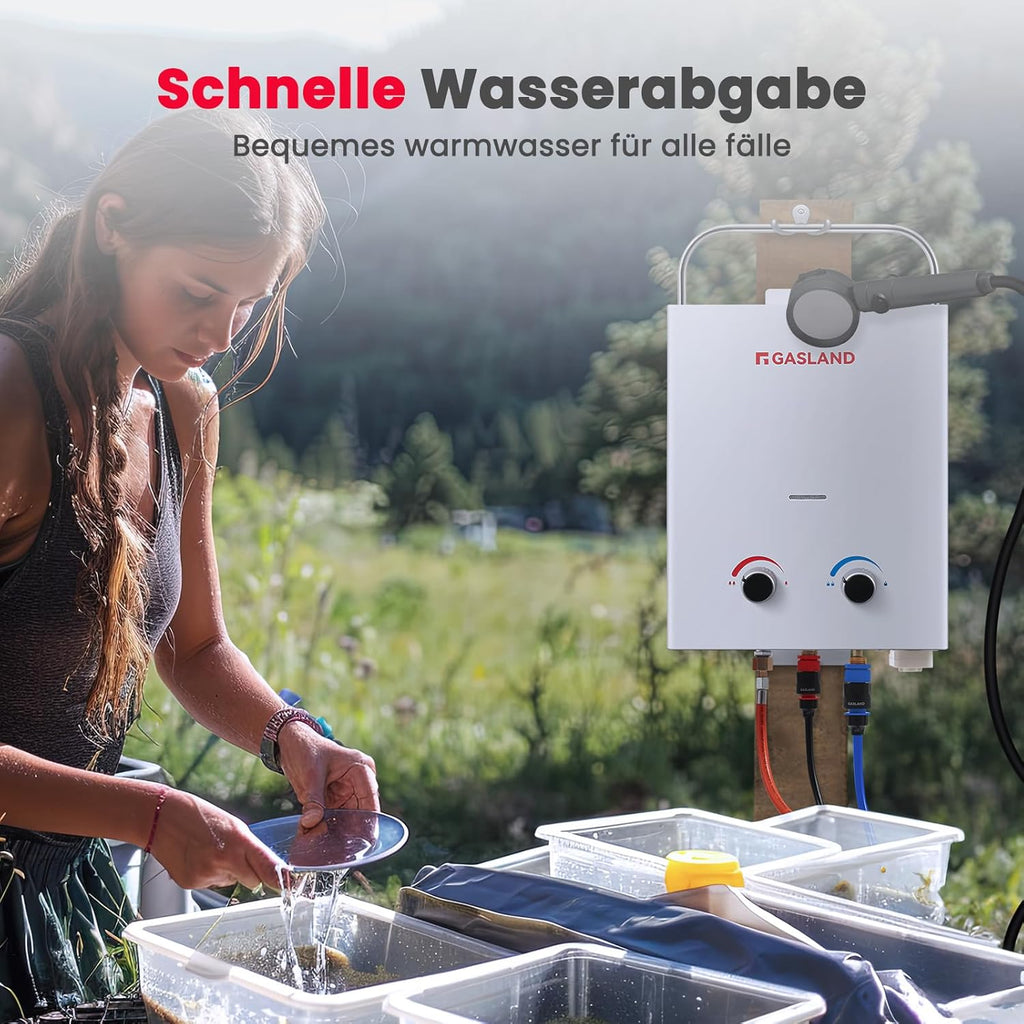 AS132 Chauffe-eau instantané au gaz 5 l - 50 mbar - Chauffe-eau GPL - Pour camping-car, camping, douche, lavage de cheval