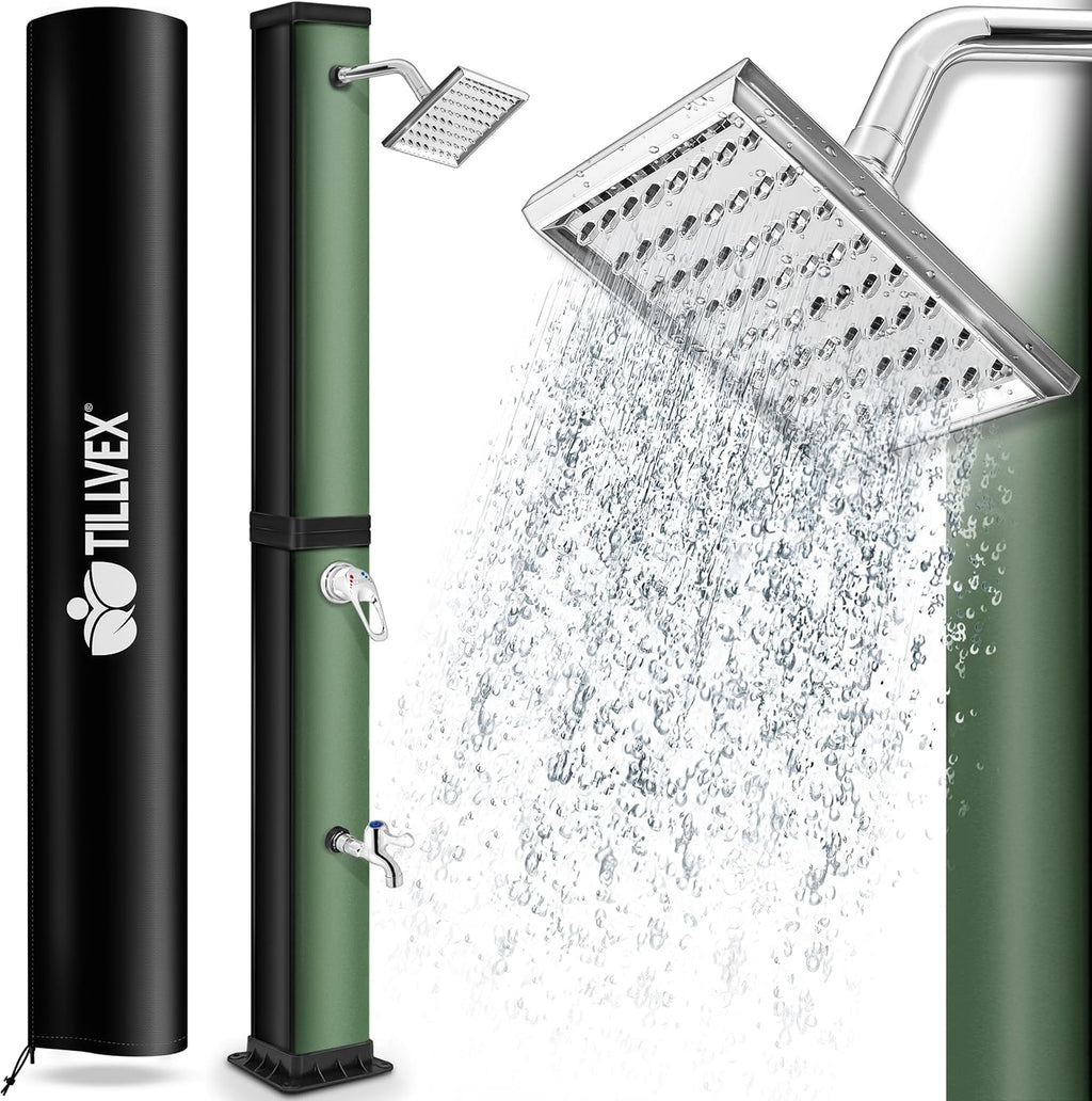 tillvex Douche Solaire avec Capot de Protection | Douche de Jardin Eau Chaude | Douche de Piscine Camping | sans raccordement électrique (Noir/Vert, 40 litres)