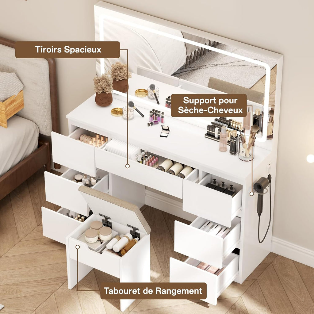 TRIUMPHKEY Coiffeuse avec Miroir et Tabouret Table de Maquillage avec Miroir LED Grand Format à Luminosité Réglable, 7 Tiroirs et Prise de Courant, Meuble de Maison, Blanc