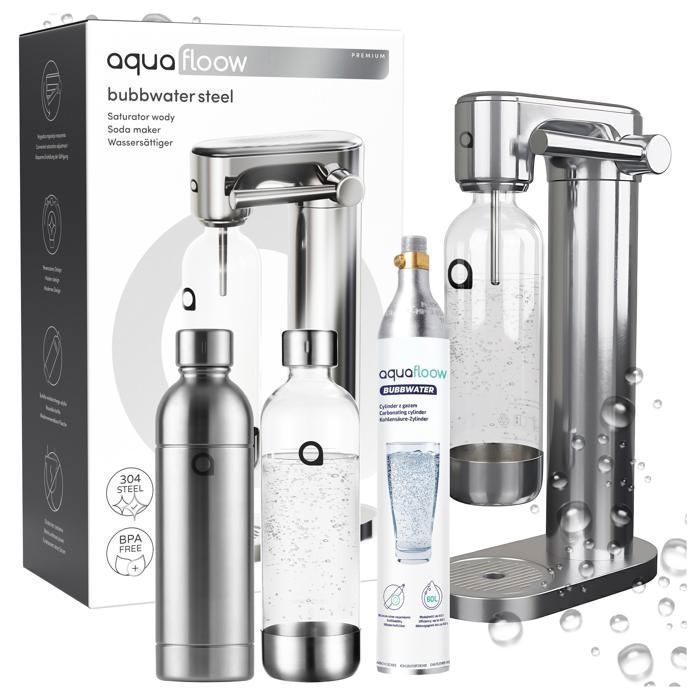 Aquafloow Machine à soda eau pétillante – acier – 3 bouteilles de 0,8 l – cylindre CO₂ inclus - Réglage d'intensité des bulles