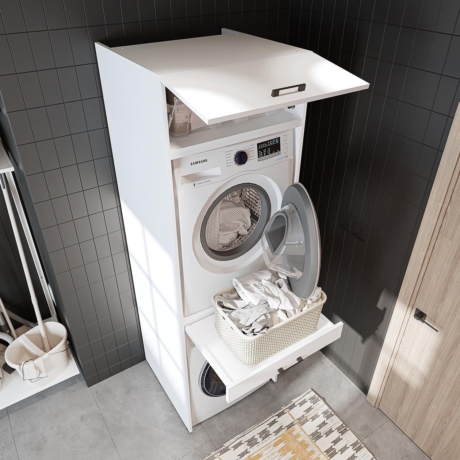 • Armoire de machine à laver pour sèche-linge et machine à laver • Avec planche coulissante • Blanc • Chêne noir • Armoire superposée (blanc, avec armoire pliante de 22 cm)