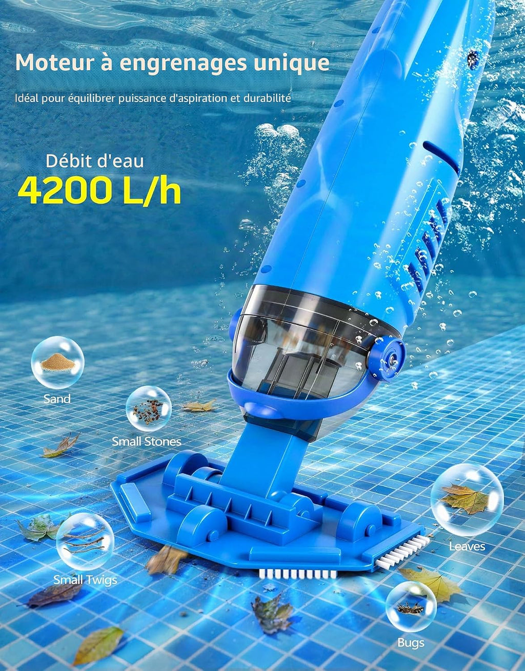 LanBlu Aspirateur Piscine Sans Fil, 2.5m Aspirateurs Piscines Batterie avec Tige Télescopique,4200L/H Manuel Aspirateur Piscine Hors Sol avec 4 Filtre,Conception Anti-retour Balai Aspirateurs Piscines