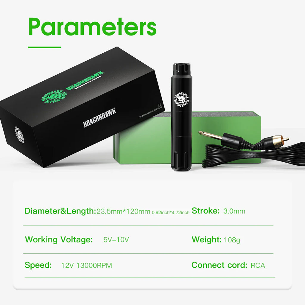 Máquina de Tatuaje Dragonhawk S12 con Carrera de 3.0MM Kit de Batería Inalámbrica