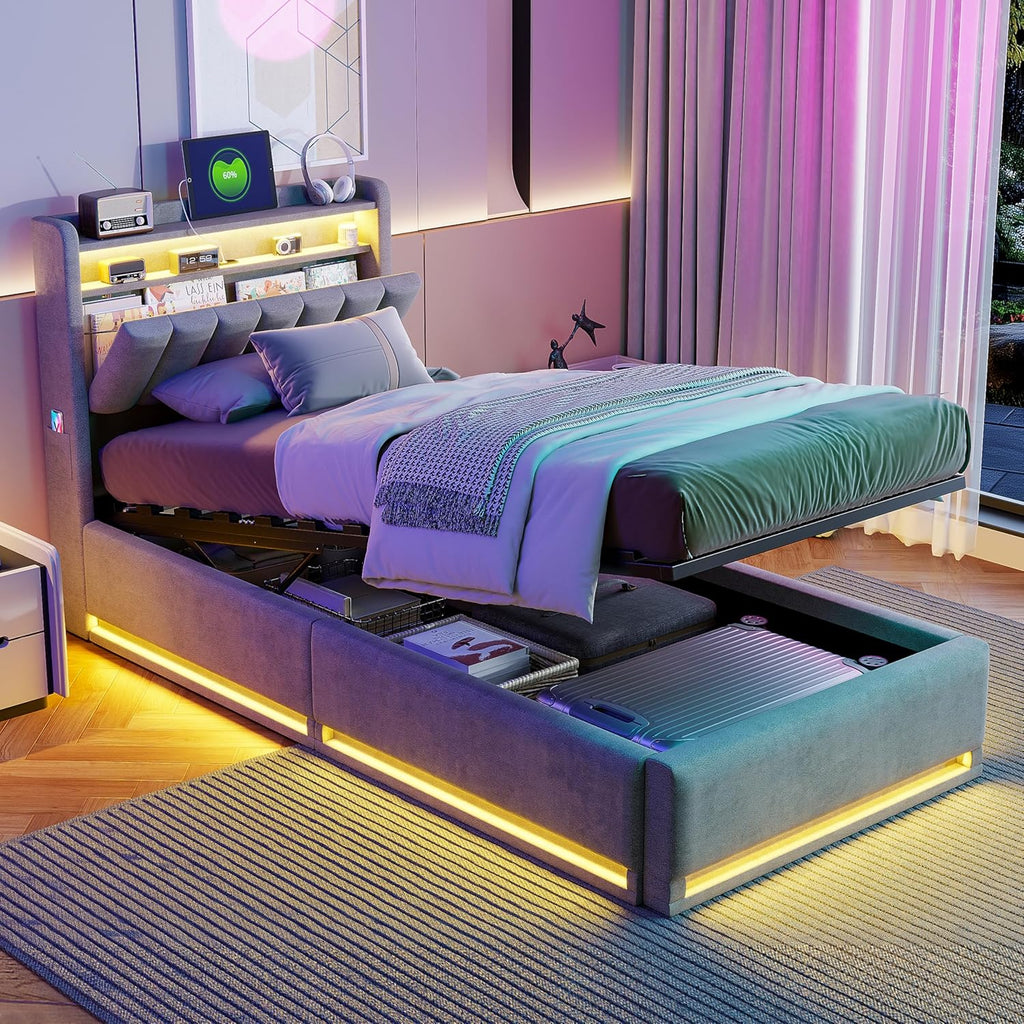 Lit Coffre 90x200 cm avec LED et Ports USB,Tête de Lits avec Rangement,Lit Double avec Sommier à Lattes, Facile à Assembler,pour Adultes et Adolescents,Velours (Gris, 90x200 cm)