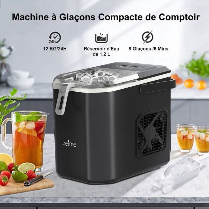 LOEFME Machine à glaçons 1.2L-9 Glaçons en 6 min 12kg/24h- autonettoyante silencieuse, deux tailles de glace，Avec support