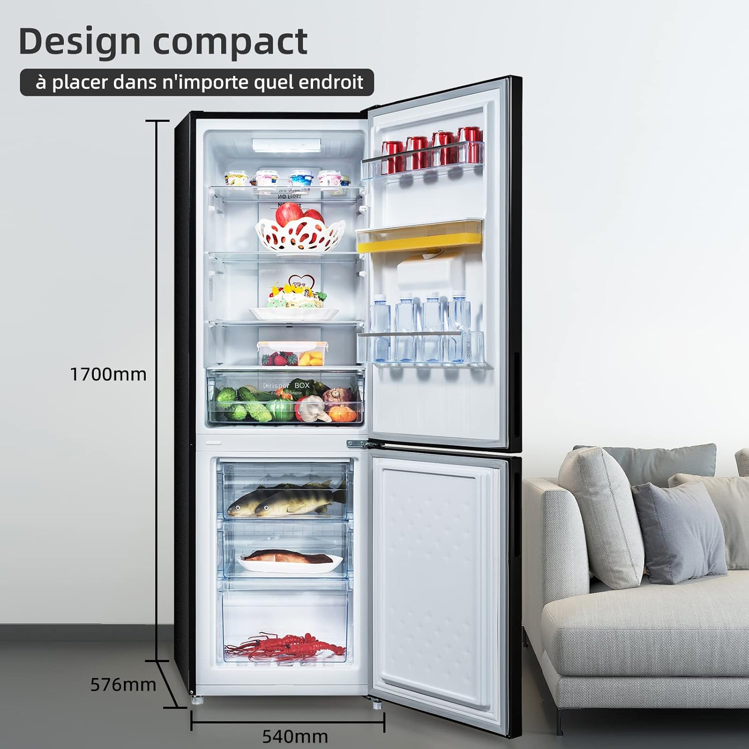 CHIQ Réfrigérateur congélateur bas FBM228NE4DE 231L (161 + 70) Froid ventilé, No Frost, Acier inoxydable noir, portes réversibles, 42 db, 12 ans de garantie sur le compresseur