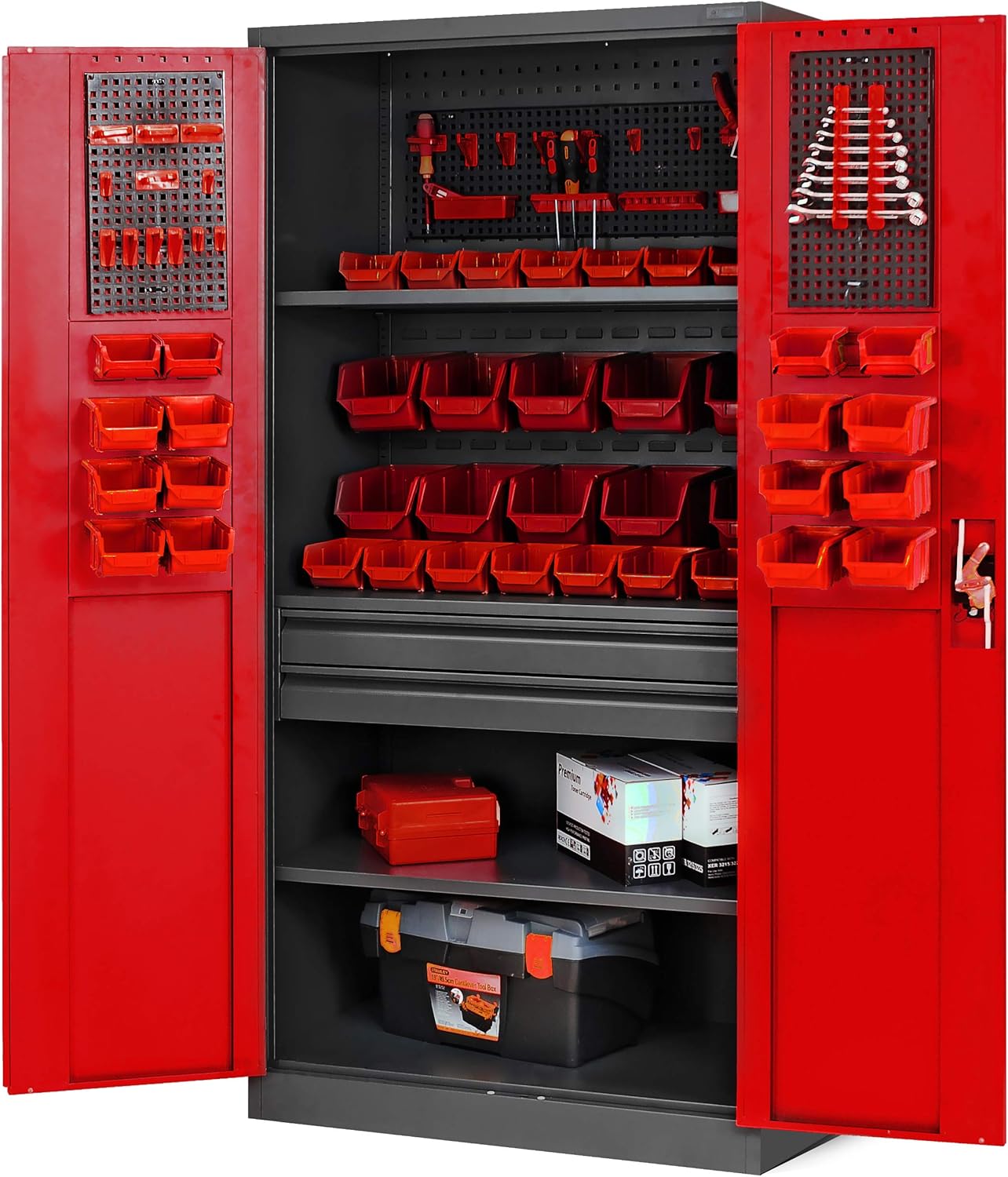 Jan Nowak Armoire à Outils TC02AM Armoire Meuble d'atelier avec 2 Tiroirs Portes battantes 3 étagères Peinture en Poudre 185 cm x 92 cm x 50 cm Anthracite-Rouge