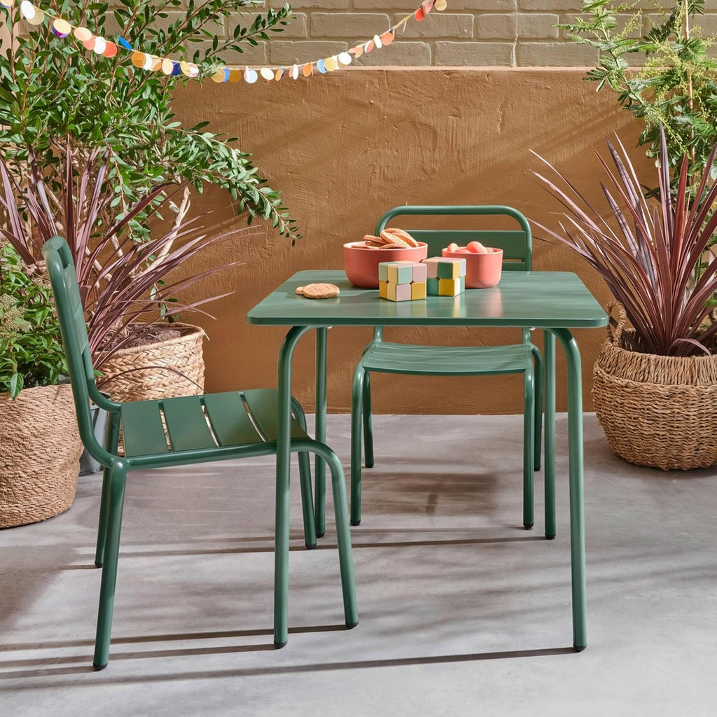 sweeek - Table de Jardin Enfant métal + 2 assises Vert de Gris Anna. 48x48cm