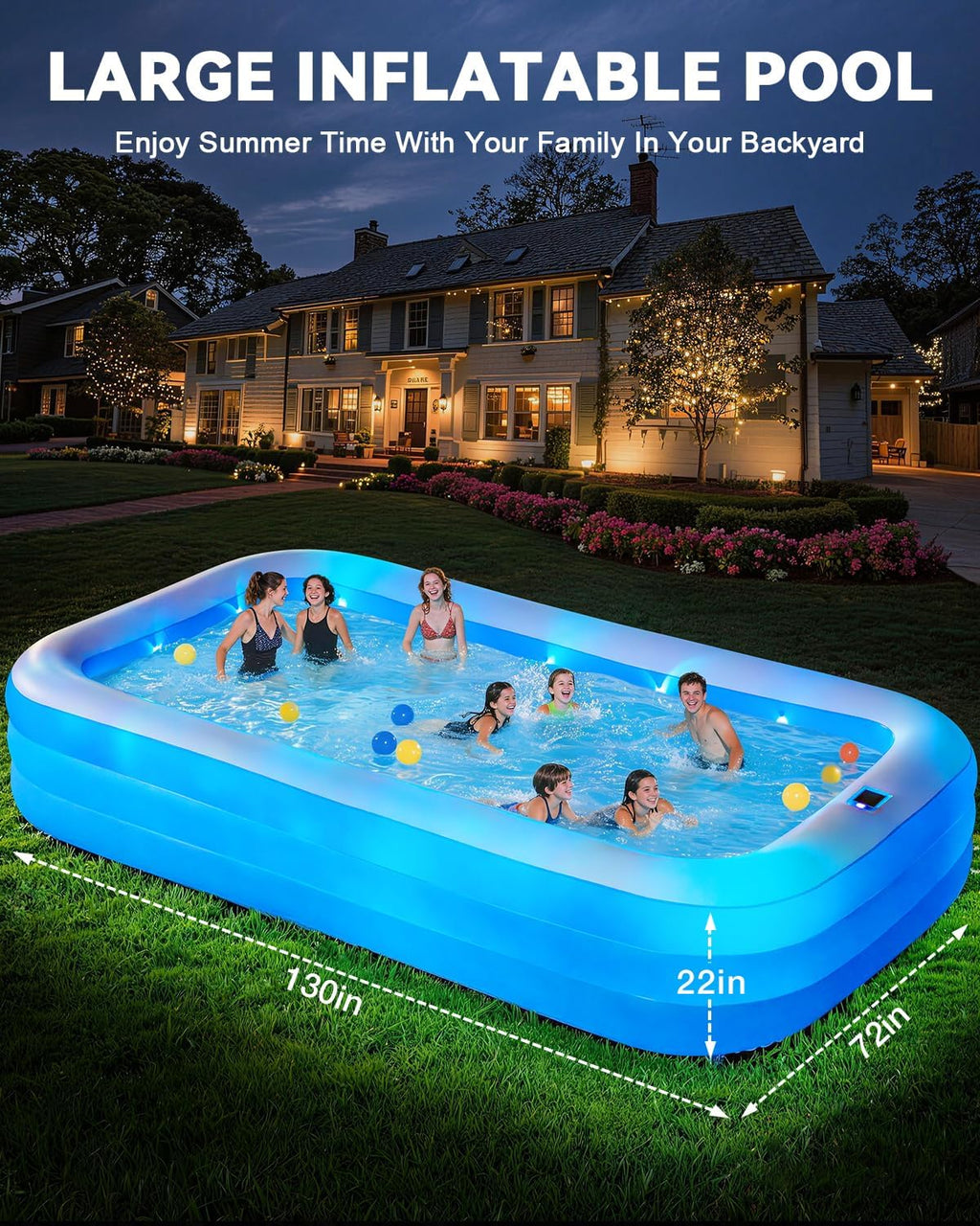 Grande piscine gonflable pour adultes, 330,2 x 182,9 x 55,9 cm, piscine gonflable épaisse avec lumières et pompe, 7 couleurs changeantes, durable, piscine familiale pour jardin, jardin extérieur