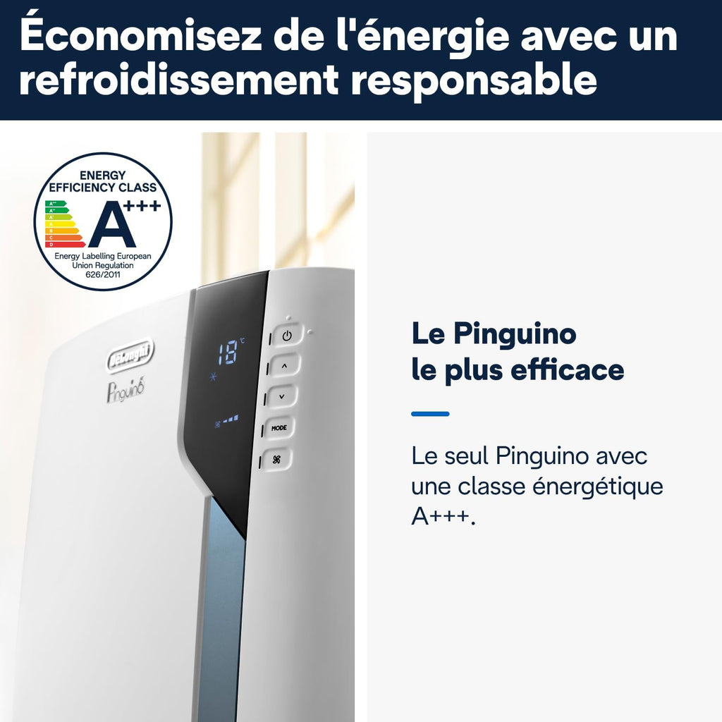 De'Longhi Pinguino PAC EX105 Climatiseur mobile avec technologie EcoRealFeel 10 000 BTU/h, pour pièces jusqu'à 100 m³, fonction déshumidification et ventilation, minuterie 24 heures, classe