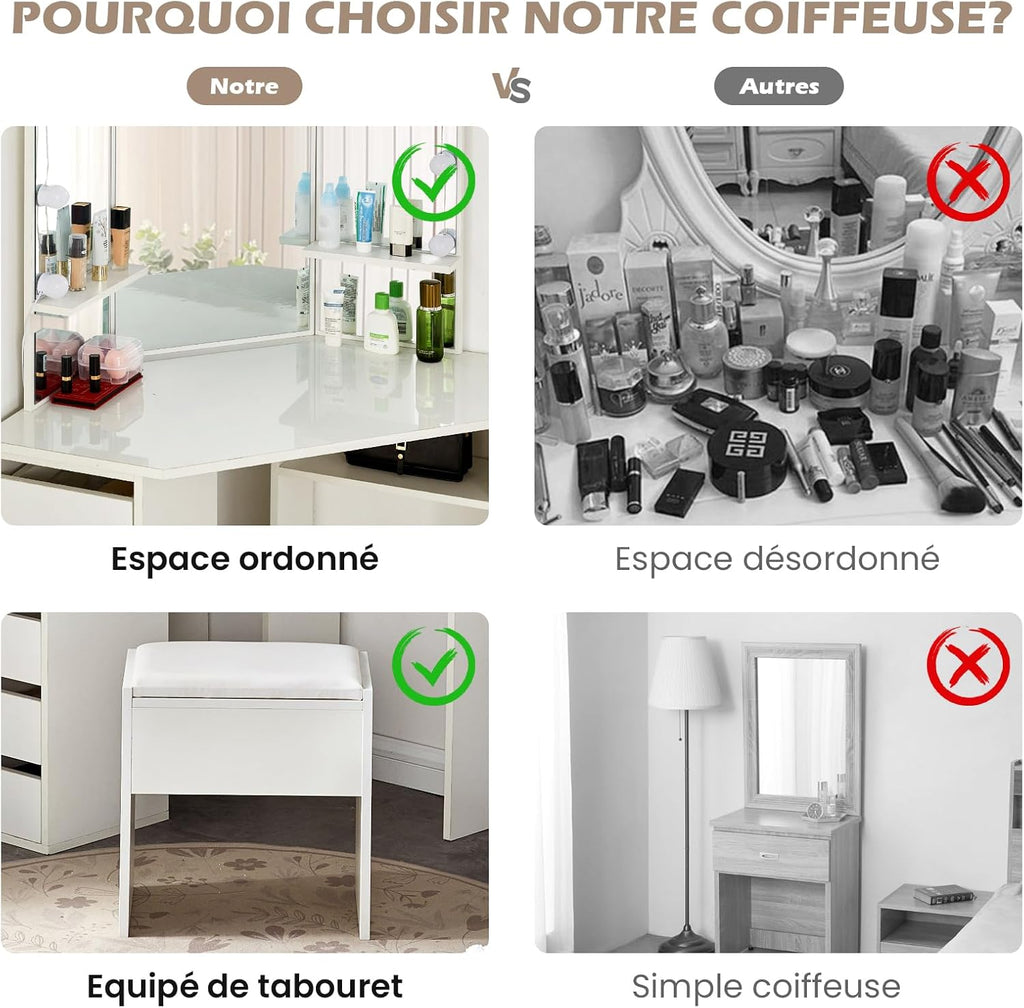Coiffeuse avec Miroir Triptyque et Tabouret, Coiffeuse d'angle Miroir Tabouret 2 Compartiments 5 Tiroirs, Table de Maquillage Blanc Moderne Femme Cadeau avec LED