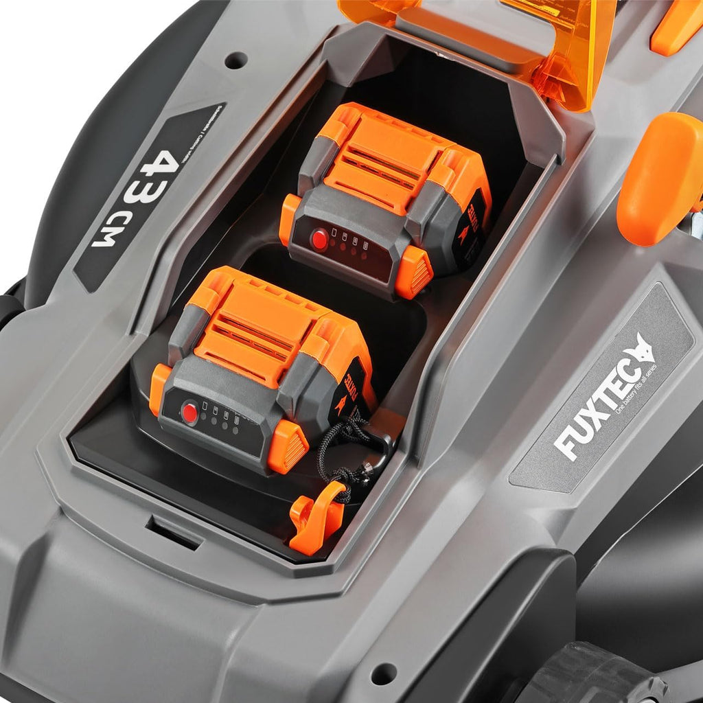 FUXTEC Tondeuse à Gazon sans Fil 40V (2x20V) E2RM43 Set Batteries et Chargeur - Largeur De Coupe 43cm, 40L, Hauteur De Coupe Variable, Tondeuse à Gazon Batterie, sans Fil