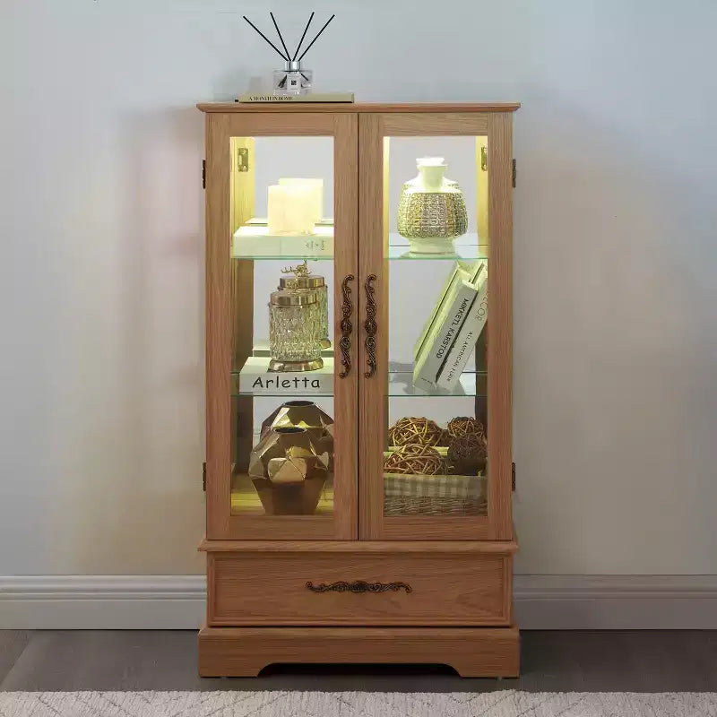 Vitrine en verre éclairée avec étagères réglables - Vitrine élégante à 2 portes et tiroir intégré, ampoule incluse